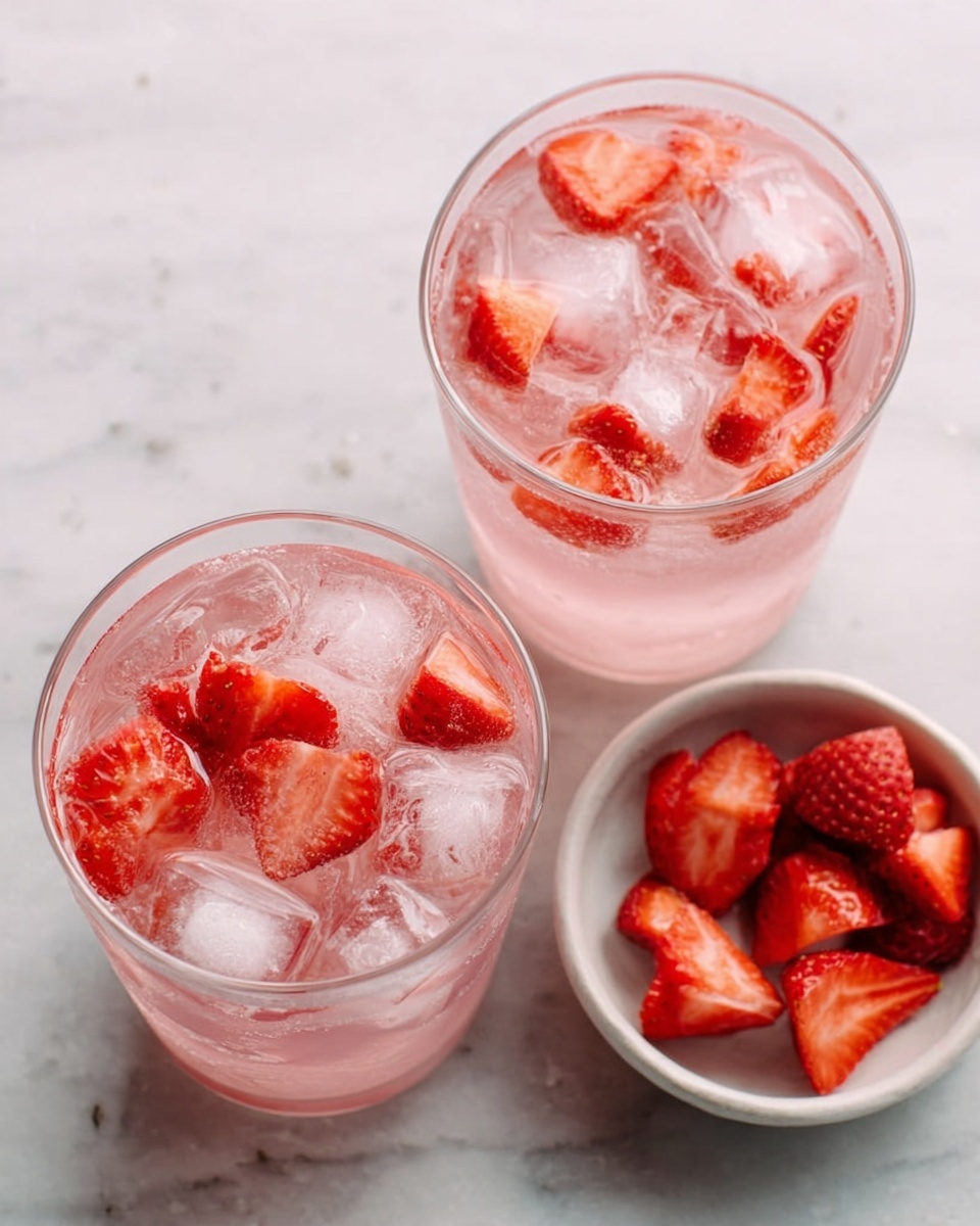 Two clear glasses filled with light pink liquid sit on a white marbled surface. Each glass contains several ice cubes and pieces of bright red strawberry slices floating in the drink. To the right, there is a small white bowl filled with more red strawberries, some whole and some sliced. The overall look is fresh, cooling, and colorful. Photo taken with an iphone --ar 4:5 --v 7