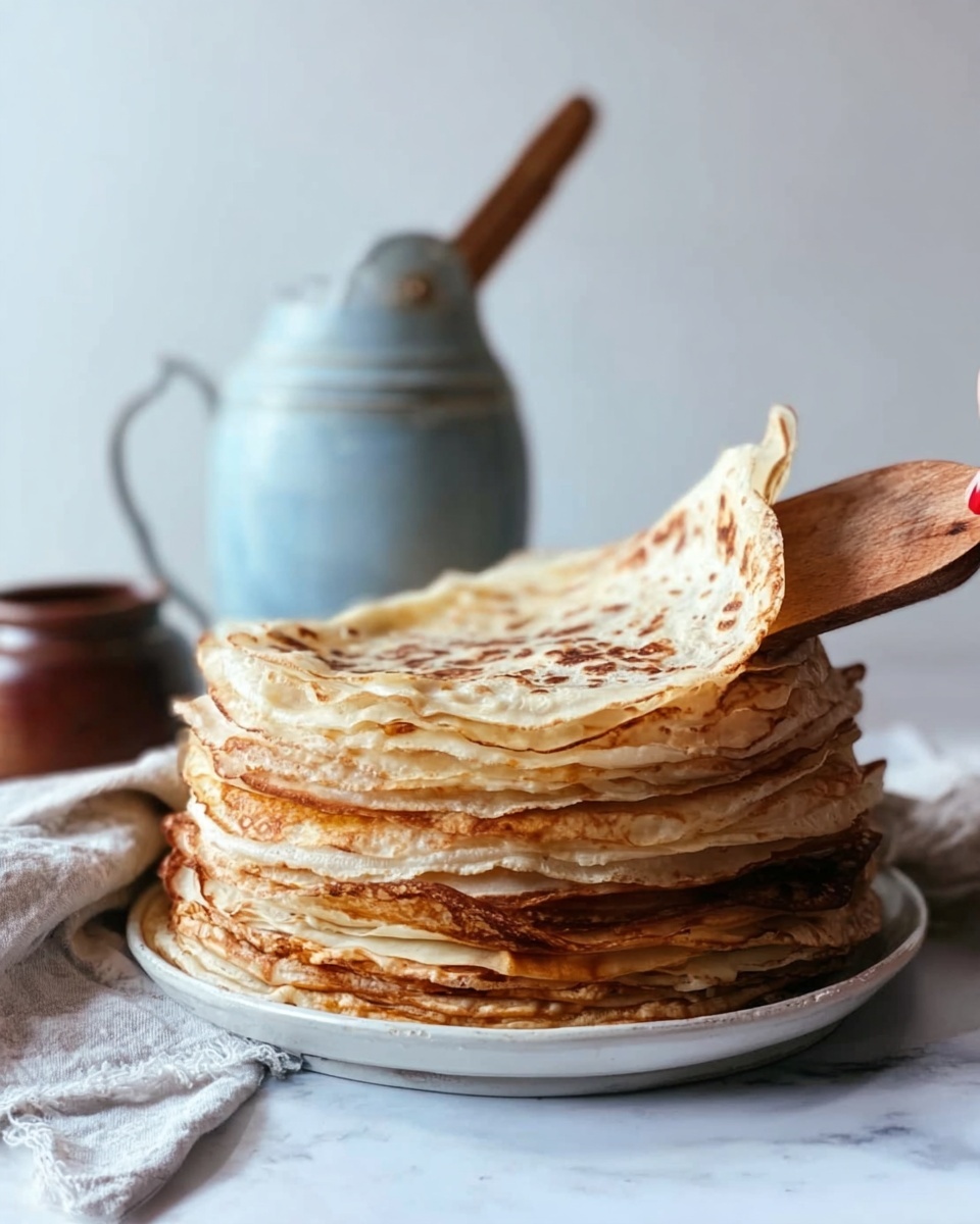 A tall stack of thin, golden-brown crepes with slightly crispy edges sits on a simple white plate. The crepes have light and dark spots showing they were cooked evenly on both sides. A woman's hand is lifting the top crepe gently with a wooden spatula. Behind the stack, there is a light-blue ceramic jug and a small brown container on a white marbled surface. The overall scene has soft natural light and looks warm and fresh. photo taken with an iphone --ar 4:5 --v 7