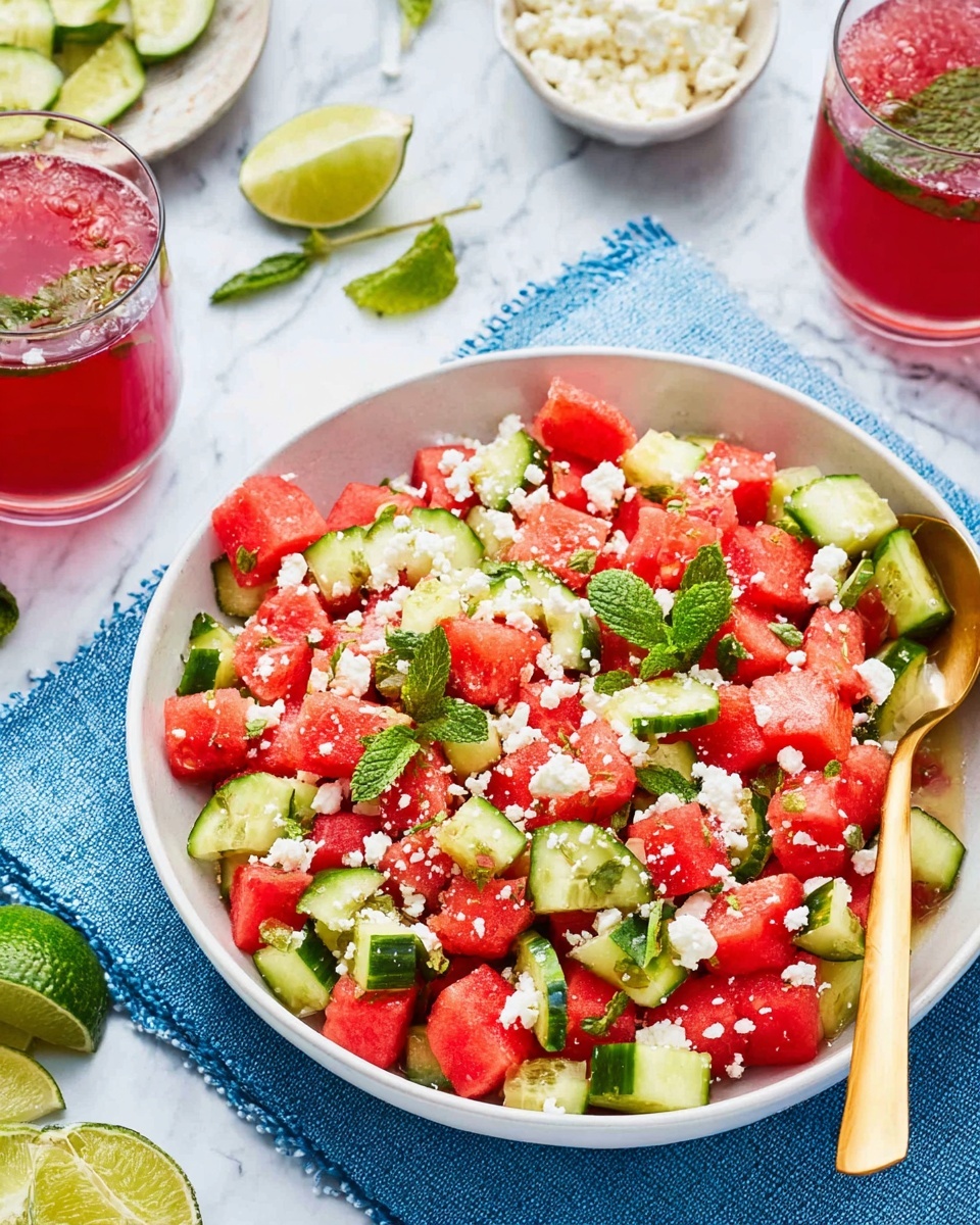 A white bowl filled with a colorful salad made of red watermelon cubes, green cucumber chunks, and crumbled white cheese sprinkled all over. Small green mint leaves are scattered on top for garnish. A golden spoon rests inside the bowl on the right. The bowl sits on a blue textured cloth on a white marbled surface. Around the bowl are a squeezed lime half, lime wedges, two glasses filled with red drink and mint leaves, and a bowl with extra white cheese in the background. Photo taken with an iphone --ar 4:5 --v 7