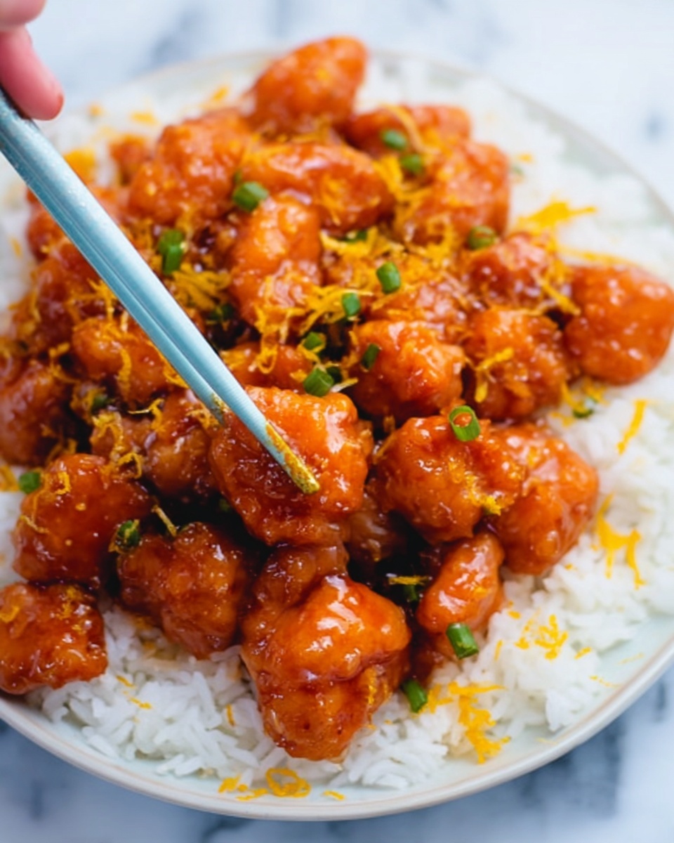 The image shows a close-up of a white bowl filled with white rice in the bottom layer, topped with small, round orange-glazed chicken pieces covered in a shiny sauce. The chicken is bright orange with a sticky texture and is sprinkled with finely chopped green onions and tiny yellow zest bits scattered over the top. A pair of light blue chopsticks held by a woman's hand is actively picking up a piece of chicken. The background is a white marbled surface. photo taken with an iphone --ar 4:5 --v 7