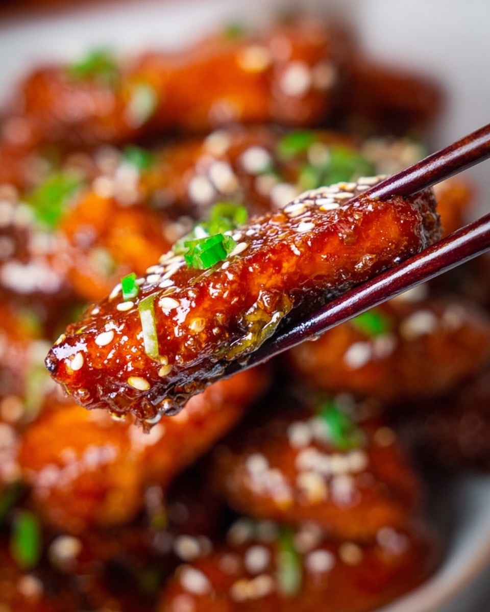 A close-up view shows a single piece of sticky, glazed meat held by dark brown chopsticks. The meat is covered with shiny reddish-brown sauce and sprinkled with white sesame seeds and small green onion pieces. In the blurry background, many similar pieces are piled together with the same sauce, seeds, and onion bits. The whole scene sits on a white marbled surface. photo taken with an iphone --ar 4:5 --v 7