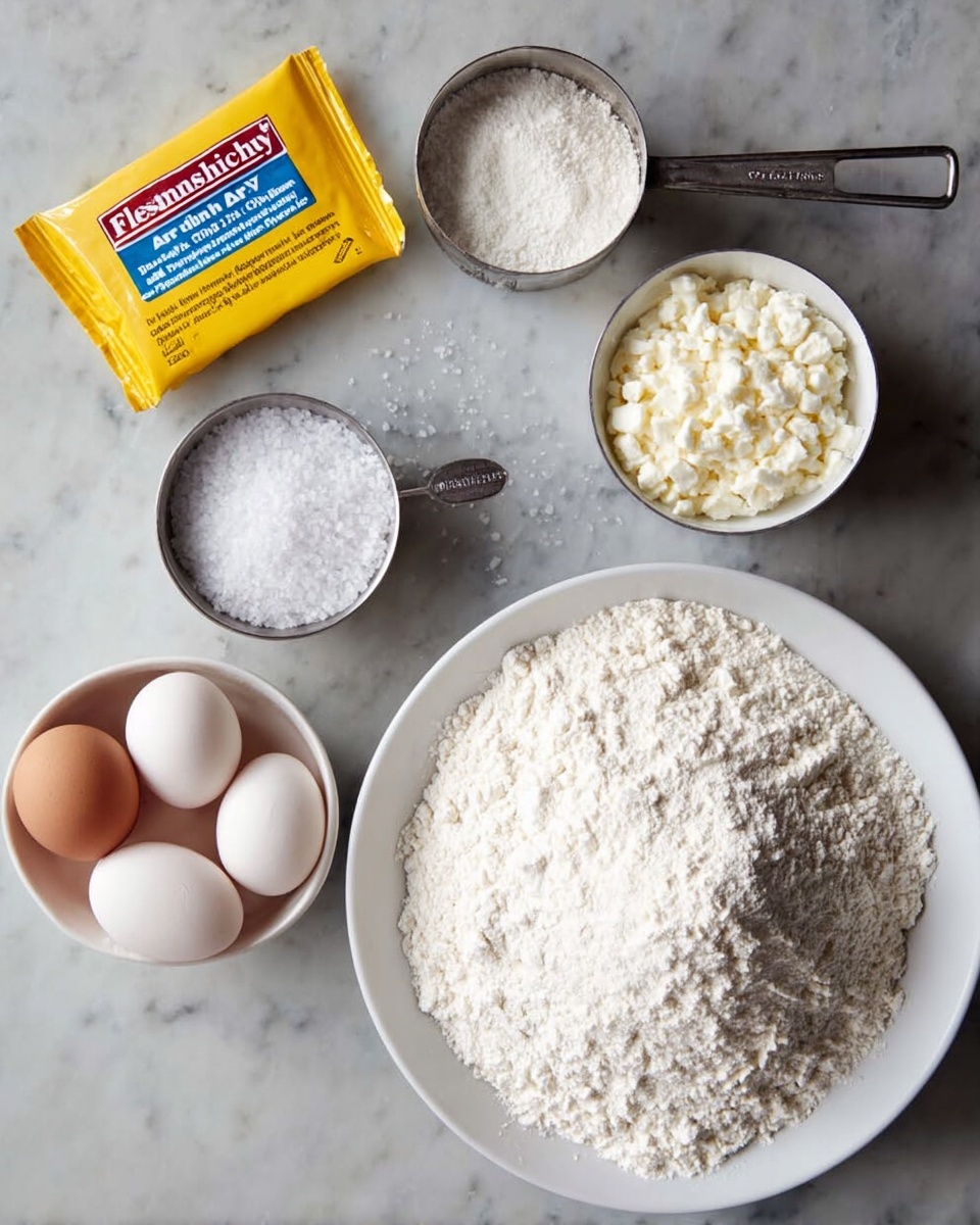 A spread of baking ingredients is arranged neatly on a white marbled surface: a white plate piled high with a large mound of fine white flour on the right, a metal measuring cup filled with small white curds beside it, a small metal bowl containing coarse white salt below, a white bowl holding four whole eggs of light brown and white shades beneath the salt, and a bright yellow packet of Fleischmann's Active Dry Yeast to the left, adding a pop of color to the scene; the textures range from powdery flour to smooth eggshells and rough salt crystals, all presented simply and clearly, photo taken with an iphone --ar 4:5 --v 7