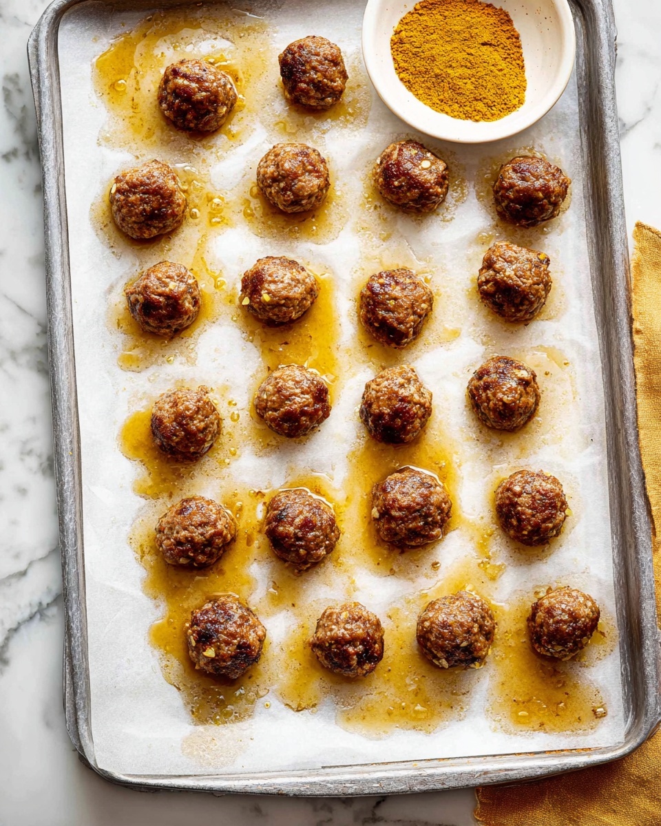 A metal baking tray lined with white parchment paper holds 24 evenly spaced, round meatballs with a dark brown, slightly rough texture. Each meatball sits atop a small pool of golden-brown oil that has spread around their base, creating irregular shiny patches on the parchment. At the top right corner of the image, a small white bowl filled with bright yellow spice powder sits on a white marbled surface that fills the background. The photo is bright and clear, focusing on the meatballs and spice bowl. photo taken with an iphone --ar 4:5 --v 7