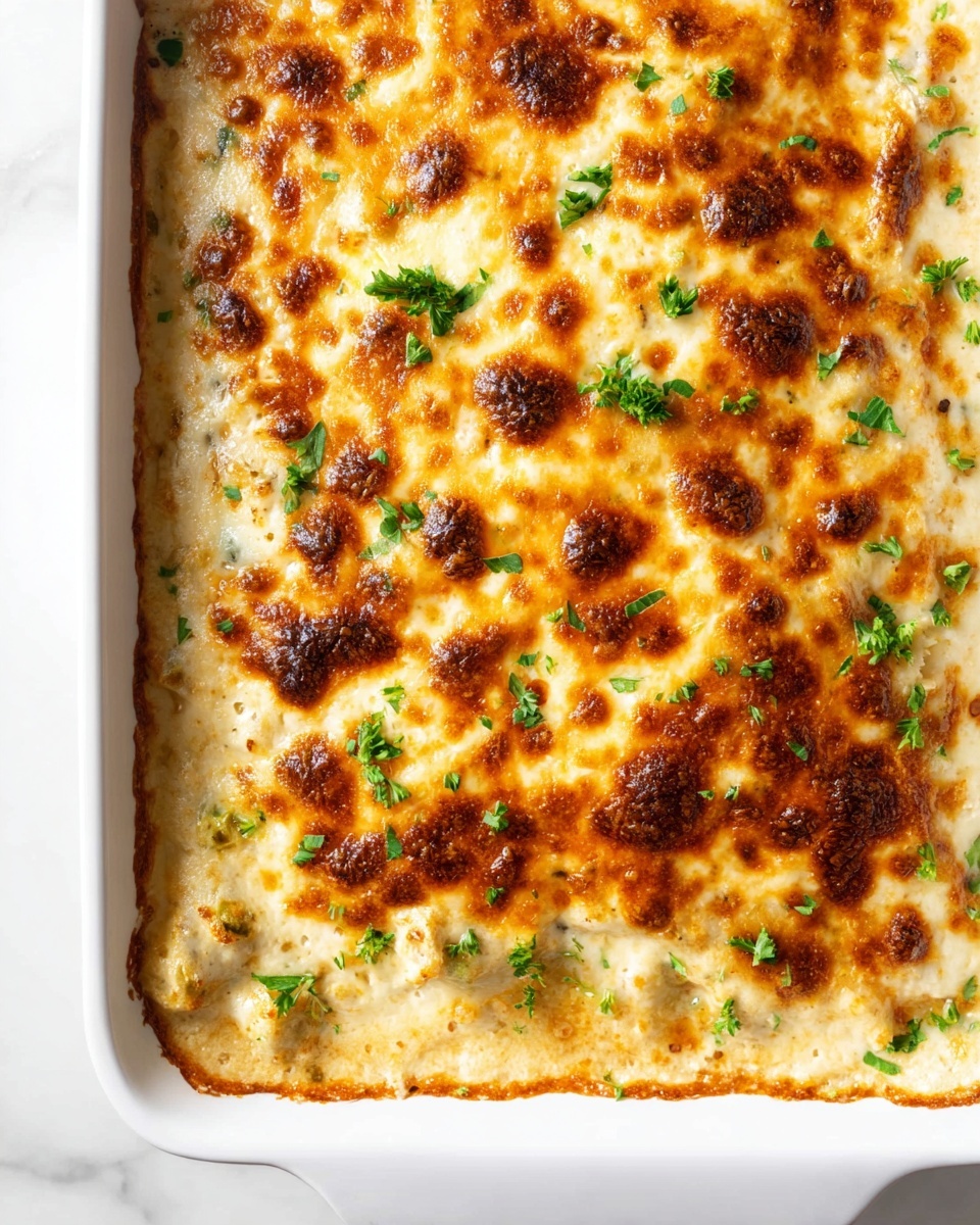 A white rectangular dish is filled with a creamy baked casserole that has a golden brown, bubbly cheese layer on top. The surface shows uneven patches of dark brown spots where the cheese has browned more, giving a textured look. Small green parsley leaves are scattered across the top, adding a fresh splash of color against the melted cheese. The edges of the casserole have a slightly browned, crispy look contrasting with the creamy and soft interior visible in some spots. The dish sits on a white marbled surface. photo taken with an iphone --ar 4:5 --v 7