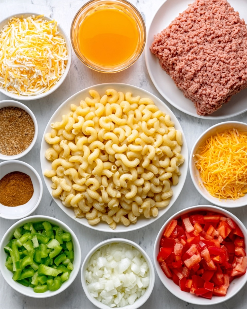 The image shows a white plate filled with elbow macaroni pasta in the center. Surrounding the pasta are small white bowls with different ingredients arranged neatly around the plate. At the top right, there is a white plate with raw ground meat. Below are bowls containing shredded cheese, diced tomatoes, chopped green bell peppers, chopped onions, and sliced carrots. Additionally, there is a small bowl with a brown spice, a white bowl with white sauce, and a glass of orange liquid at the top. The background is a white marbled texture. photo taken with an iphone --ar 4:5 --v 7