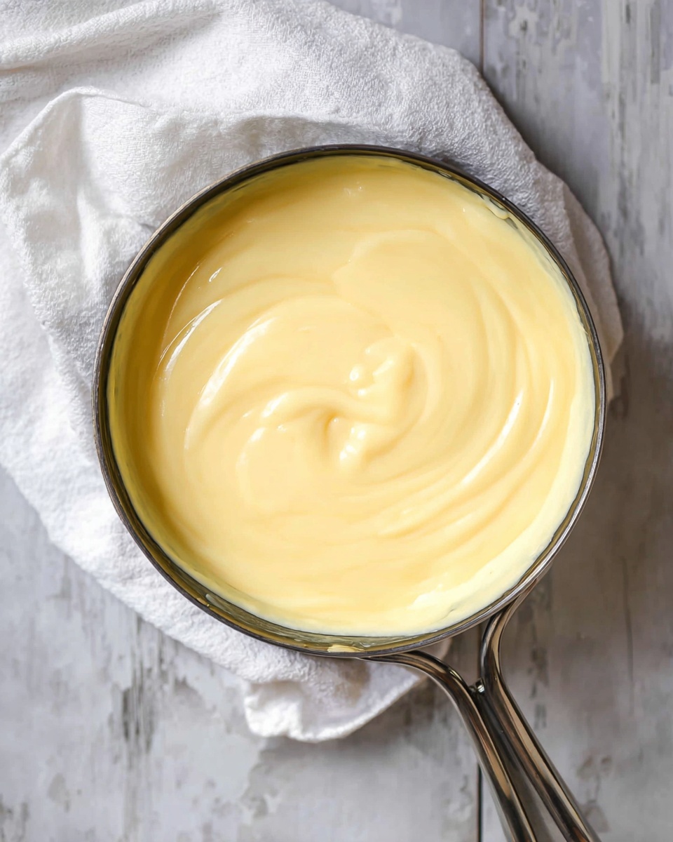 A close-up view of a pot filled with smooth, creamy pale yellow custard, with gentle swirls on the surface showing its thick texture. The pot is silver with a shiny handle, placed on a white cloth napkin, all set against a white marbled textured surface. photo taken with an iphone --ar 4:5 --v 7
