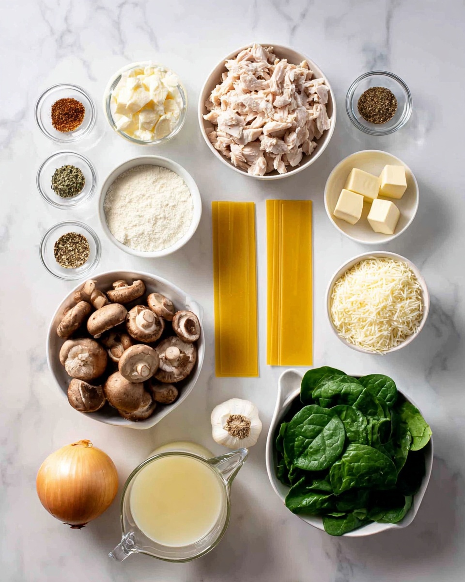 The image shows an arrangement of cooking ingredients on a white marbled surface. There are three long, yellow lasagna noodles placed side by side near the center. Above them, there is a white bowl filled with chopped light brown chicken, and next to it, a white bowl full of grated white cheese. Below the noodles, a white bowl full of fresh green spinach leaves is placed beside another white bowl containing brown mushrooms. There is also a small white bowl with a light yellow grated ingredient, a small glass bowl with a white powder, and a glass measuring cup with a creamy white liquid. A whole yellow onion sits near the bottom left, next to a cup of light yellow broth in a measuring jug. Above the chicken, six small clear glass bowls hold various dry spices and olive oil, and there are four whole garlic cloves and a small cube of butter nearby. The setup is clean and organized, lit with soft natural light. photo taken with an iphone --ar 4:5 --v 7