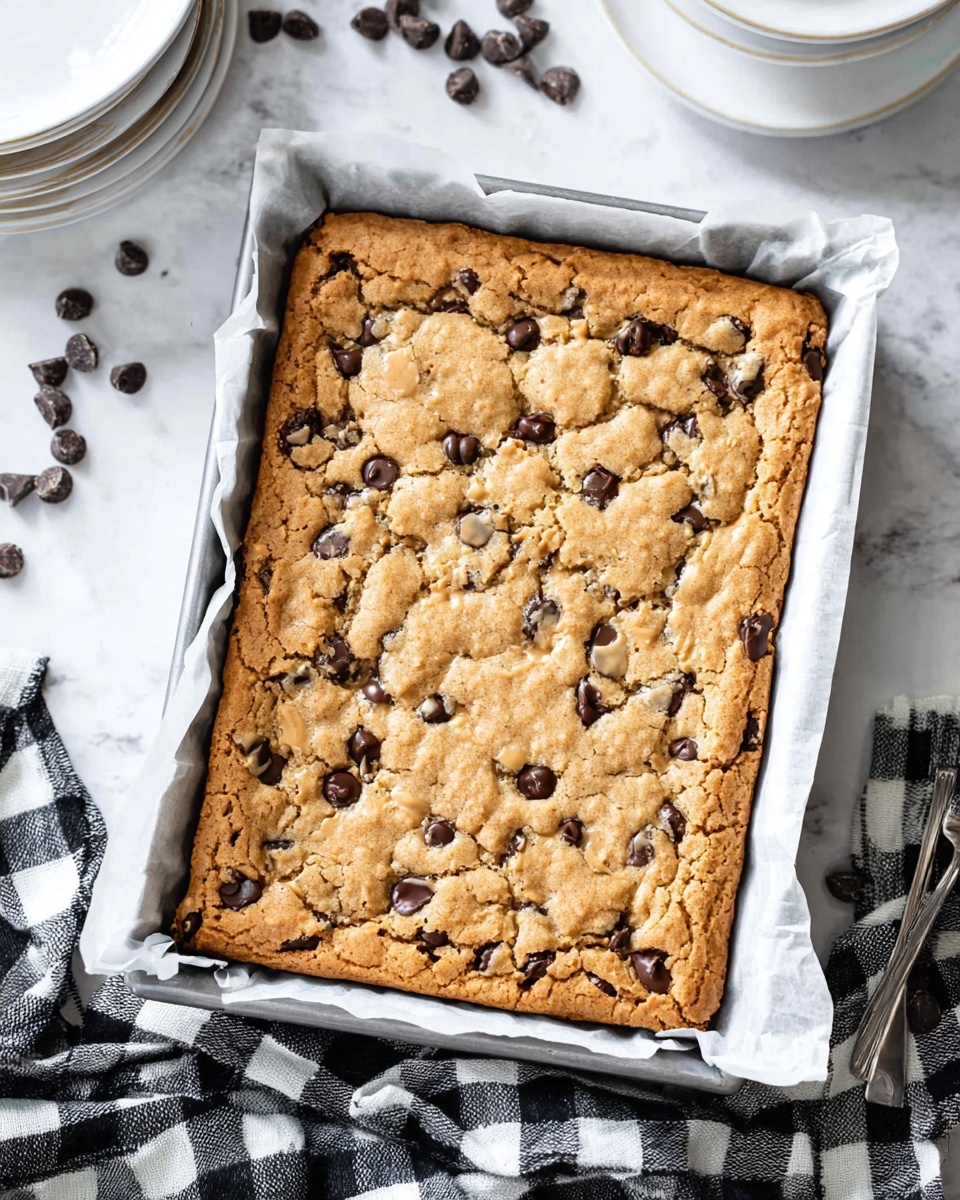 A single-layer rectangular baked chocolate chip cookie bar with a golden brown top, rough and bumpy texture from the melted and baked chocolate chips scattered throughout. The edges are slightly darker and more cooked, with some small melted spots of peanut butter visible on the surface. The cookie bar sits in a metal tray lined with white parchment paper. The background is a white marbled texture with a few chocolate chips spread around and a stack of white plates to the side. A black and white checkered cloth is partly visible near the bottom corner. Photo taken with an iphone --ar 4:5 --v 7