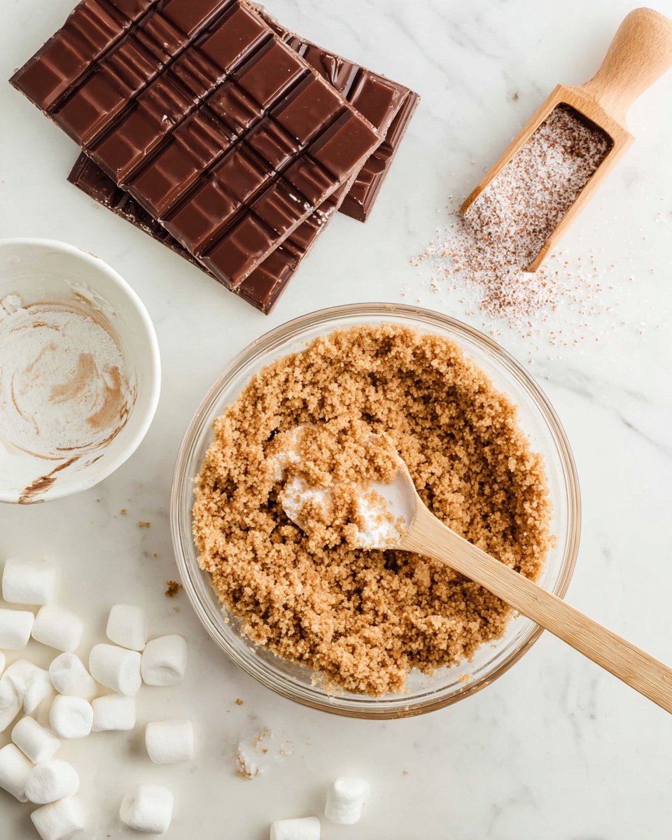The image shows a clear glass bowl filled with a crumbly, light brown mixture with a wooden spoon inside it scooping up some crumbs, placed on a white marbled surface. Above the bowl, there are three chocolate bars partially unwrapped, showing the segmented chocolate blocks in dark brown. To the left, an empty white bowl with traces of a white substance is visible. To the upper right of the bowl, there is a small wooden measuring scoop with a mix of white and brown powder inside and scattered small white marshmallows. Photo taken with an iphone --ar 4:5 --v 7