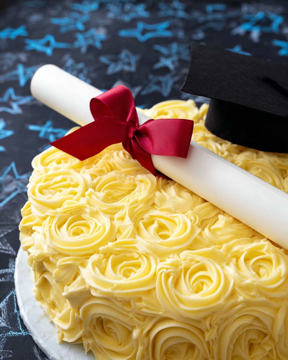 A close-up of a cake covered with a thick layer of yellow frosting piped in rose-like swirls all over the top. On the left side of the cake rests a white scroll tied with a bright red ribbon, and on the right side, part of a black graduation cap is visible. The background shows blue chalk-drawn stars on a dark surface. The whole scene is set on a white marbled texture photo taken with an iphone --ar 4:5 --v 7