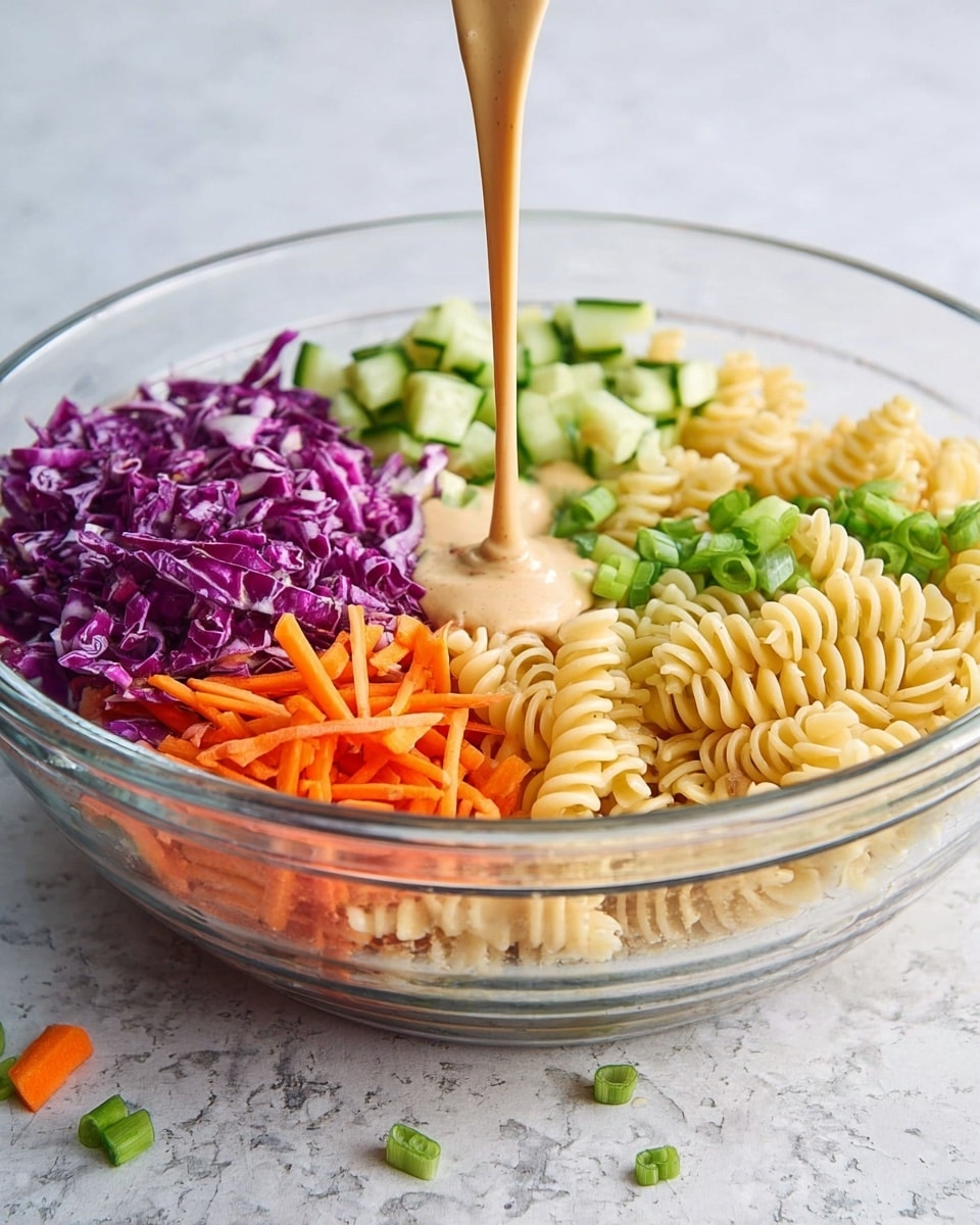 A clear glass bowl on a white marbled surface holds a colorful mix of chopped vegetables and pasta. In the bowl, there are four visible sections: to the left, bright purple cabbage pieces with a rough texture; next, green cucumber cubes; beside that, thin orange carrot sticks; and finally chopped green onions with small white bits on the right. Underneath these vegetables, pale yellow spiral pasta curls are arranged as the base layer. Creamy, light brown dressing is being poured over the center of the ingredients, slowly flowing down onto the pasta and veggies. Some pieces of carrot and green onion are scattered on the white marbled surface around the bowl. photo taken with an iphone --ar 4:5 --v 7