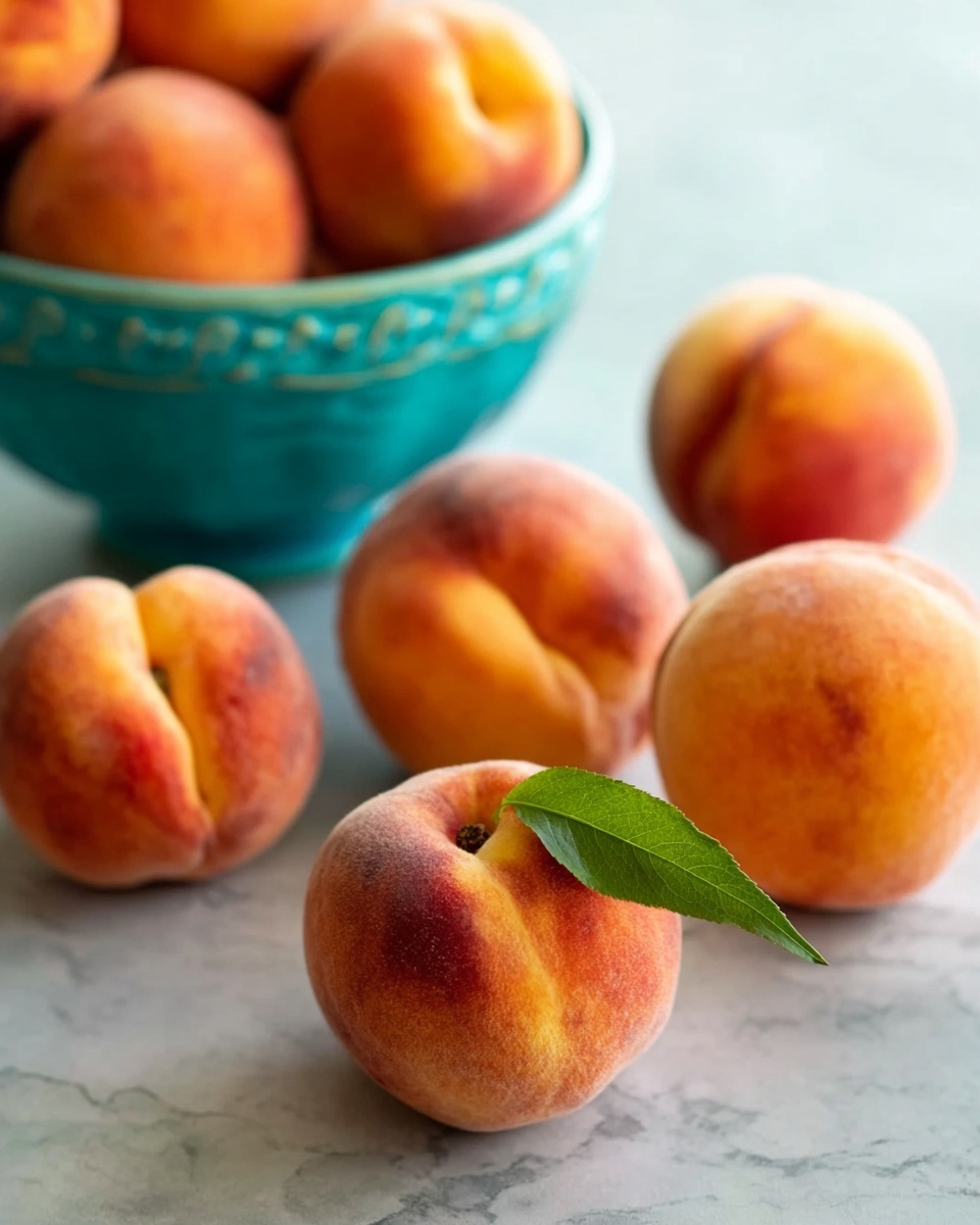 The image shows a group of ripe peaches with soft, fuzzy, orange skin scattered on a white marbled surface. In the back, there is a turquoise bowl filled with more peaches, its rounded edge slightly visible. One peach in the front center has a green leaf attached, adding a touch of color contrast. The peaches display different shades of orange and reddish blushes, with smooth, natural textures visible. The scene captures a fresh and natural look, focused on the subtle round shapes and varied positioning of the peaches, all arranged in a casual and inviting way. photo taken with an iphone --ar 4:5 --v 7