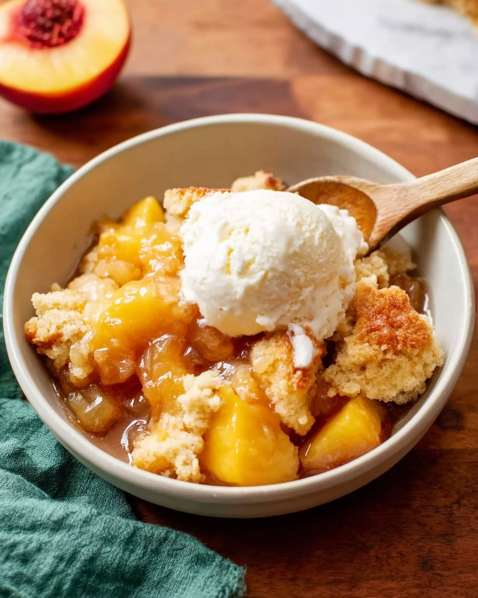 A white bowl filled with a warm dessert featuring soft, golden-brown biscuit pieces layered with tender, yellow peach chunks soaked in a syrupy sauce. A scoop of white vanilla ice cream sits on top, starting to melt slightly on the warm fruit and biscuit mix. A small wooden spoon rests on the side edge of the bowl. The bowl is placed on a wooden surface with a green cloth nearby, and a halved peach partially visible in the background on a white marbled surface photo taken with an iphone --ar 4:5 --v 7