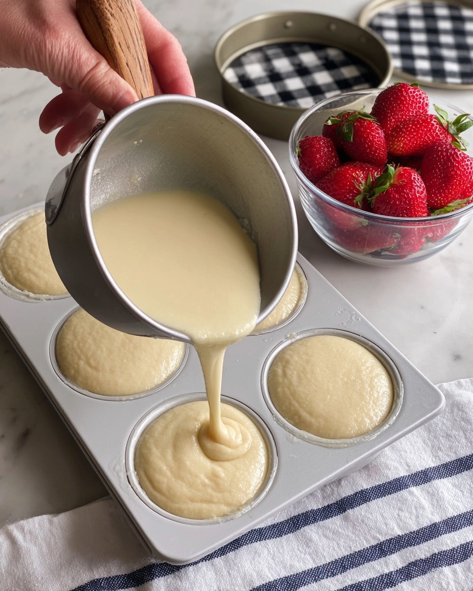 A close-up image shows a woman's hand pouring smooth, creamy light yellow batter from a metal cup with a wooden handle into a white muffin tray with four cups. The batter fills about half of each cup, with three cups partially filled and one just being poured. In the background, a transparent glass bowl filled with bright red strawberries sits on a white cloth with blue stripes. Next to it is a round cake tin with a black and white checkered lid. The whole scene is set on a white marbled surface. photo taken with an iphone --ar 4:5 --v 7