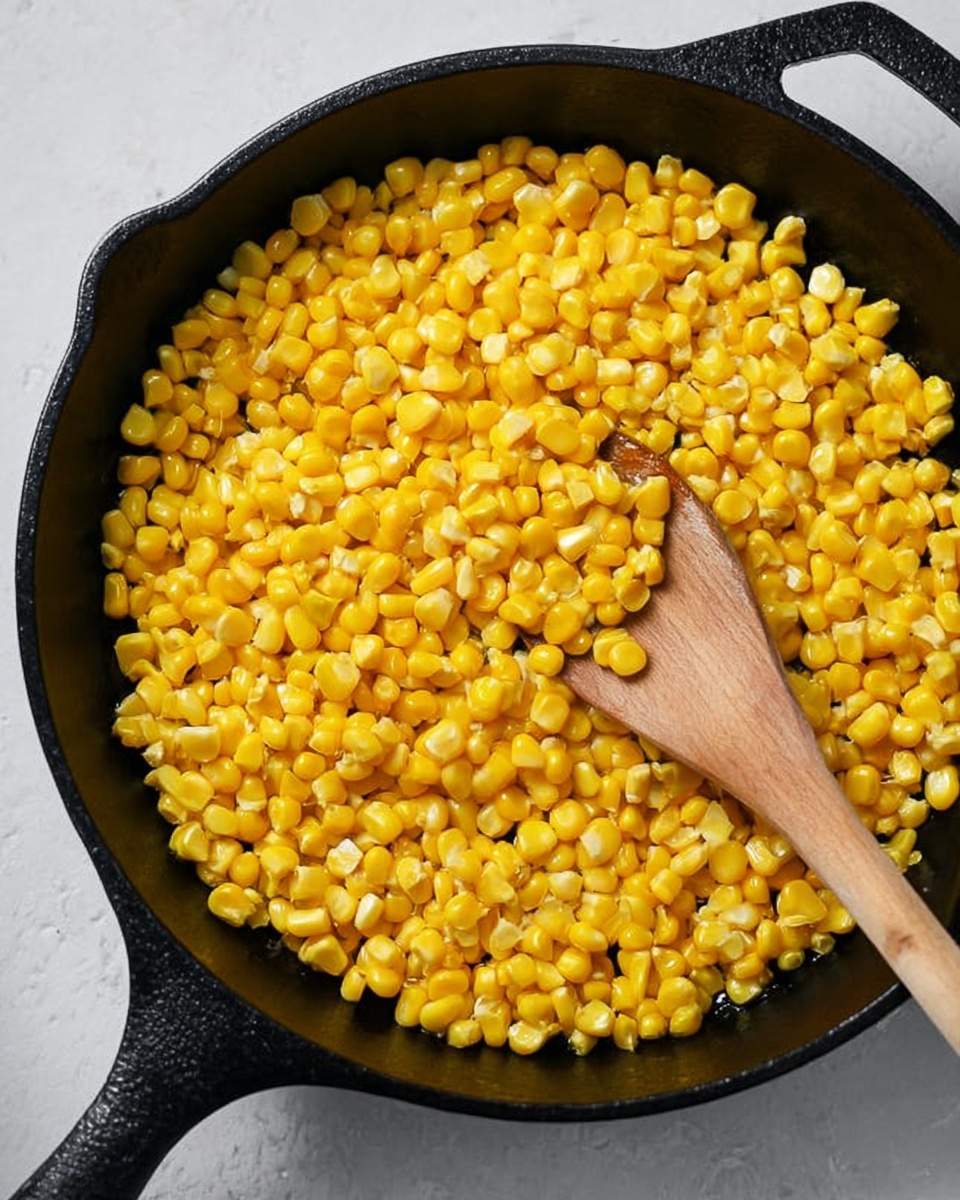 A close-up view of a black cast iron pan filled with a single layer of bright yellow cooked corn kernels, evenly spread across the bottom. A wooden spoon with a smooth texture rests on the right side inside the pan, partly on top of the corn. The pan is placed on a white marbled surface, visible around the edges. The overall color is warm yellow against the dark black of the pan and light neutral background. photo taken with an iphone --ar 4:5 --v 7