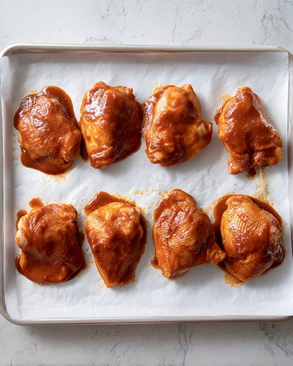 A white baking tray lined with white parchment paper holds seven pieces of raw chicken thighs. Each piece is covered evenly with a reddish-brown sauce, giving them a shiny, moist look. The pieces are neatly spaced out in two rows, four in the top row and three in the bottom row, showcasing their plump and curved shapes with some visible texture of the sauce on their surfaces. The tray sits on a white marbled surface which adds a soft contrast to the warm colors of the chicken. photo taken with an iphone --ar 4:5 --v 7