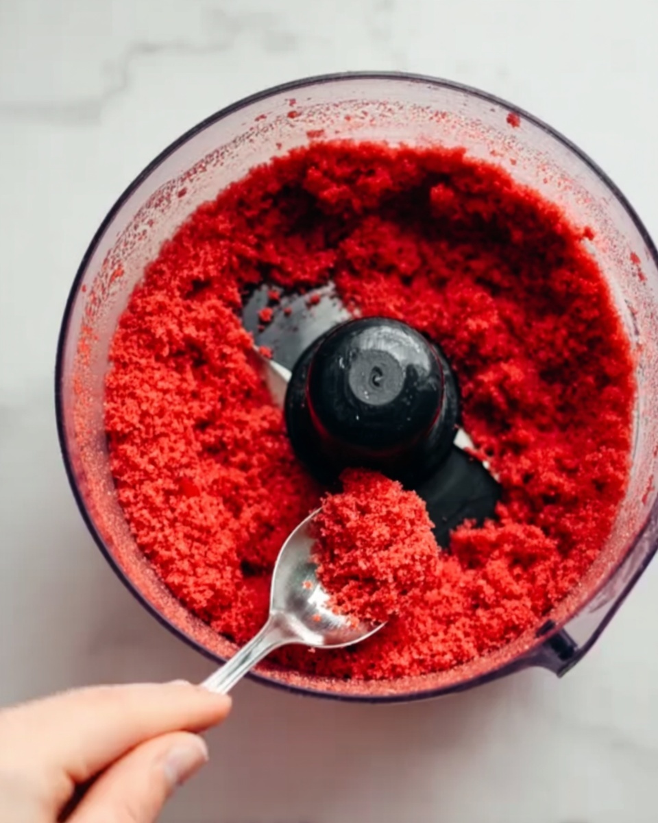 A clear food processor bowl filled with bright red, finely crushed mixture that looks soft and slightly textured. The black central blade holder is visible in the middle, standing tall above the smooth red base. A woman's hand holds a shiny silver spoon, scooping or stirring the red mixture inside the bowl. The whole scene sits on a white marbled surface. photo taken with an iphone --ar 4:5 --v 7
