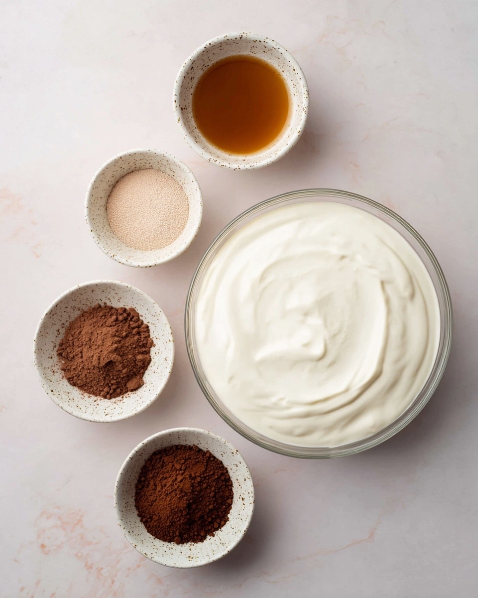 The image shows five bowls on a white marbled surface. In the center, there is a large clear bowl filled with smooth, creamy white yogurt. Surrounding it are four smaller white bowls with speckled patterns: the top left bowl contains a light brown liquid, the top right bowl has a darker brown liquid, the bottom left bowl holds a light brown powdery substance, and the bottom right bowl contains a darker brown powder, likely cocoa. The arrangement is neat and spaced out evenly. photo taken with an iphone --ar 4:5 --v 7
