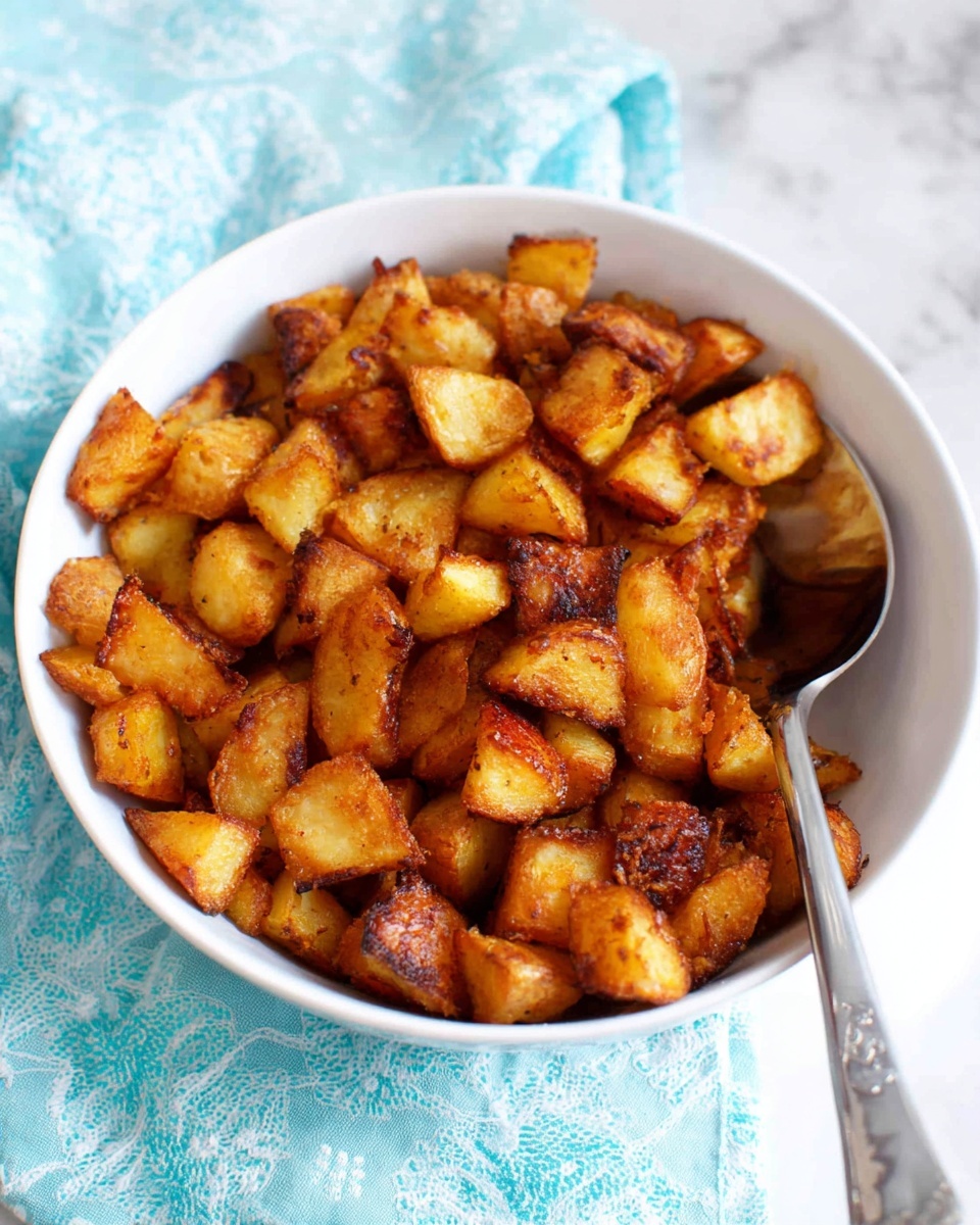 A white bowl filled with many small cubed roasted potatoes showing a mix of golden yellow and dark brown crispy edges scattered evenly, with a silver spoon partly submerged on the right side of the bowl; the bowl sits on a light blue cloth with a delicate pattern, all set on a white marbled surface. photo taken with an iphone --ar 4:5 --v 7