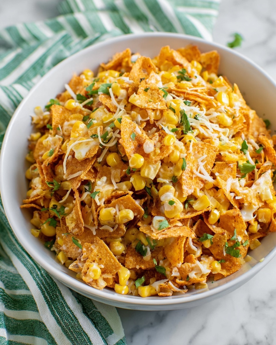 The dish is served in a white bowl placed on a white marbled surface with a green and white striped cloth nearby. The bowl is filled with a mix of several layers, mainly bright yellow corn kernels scattered throughout. Interspersed are thin, crispy, orange chips that have a lightly seasoned texture. White shredded pieces of cheese are spread evenly, mixing well with the corn and chips. Small green herb leaves are sprinkled on top, adding a touch of fresh color. The overall look is colorful with a mix of soft and crunchy textures, piled high inside the bowl photo taken with an iphone --ar 4:5 --v 7