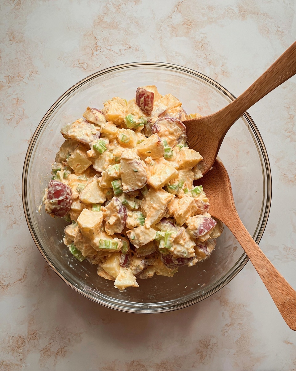 A clear glass bowl holds a mixture of potato salad with visible chunks of red-skinned potatoes, light yellow egg pieces, and green celery slices, all coated in a creamy light orange dressing. Two smooth wooden spoons rest inside the bowl, one leaning on the right side. The bowl sits on a white marbled textured surface. photo taken with an iphone --ar 4:5 --v 7
