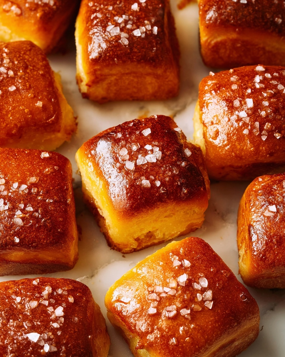 A close-up view shows several small, square cheese bread rolls with a shiny, golden-brown crust. Each piece has a slightly crispy texture on the outside with a soft, yellowish dough visible at the base. Large grains of coarse salt are scattered on top of the rolls, adding texture and a sparkling effect. They are arranged closely together on a white marbled surface, filling the frame with warm and rich colors. photo taken with an iphone --ar 4:5 --v 7