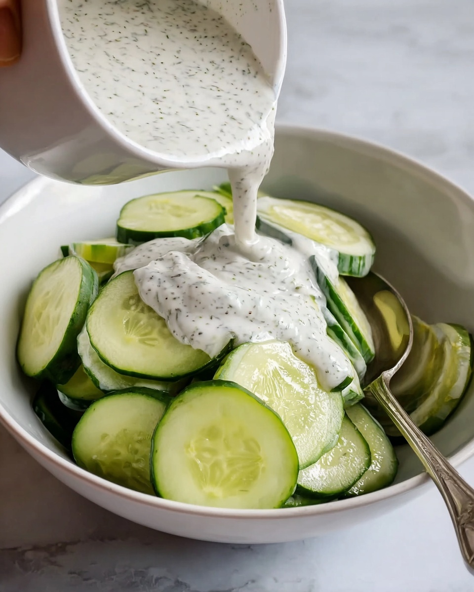 A white bowl filled with several layers of thick, round cucumber slices showing pale green skin and a soft light green inside, over which a thick white creamy sauce with fine green herb specks is being poured from a white bowl by a woman's hand, with a silver spoon resting inside the bowl on the right side of the cucumber slices, all set against a white marbled surface photo taken with an iphone --ar 4:5 --v 7