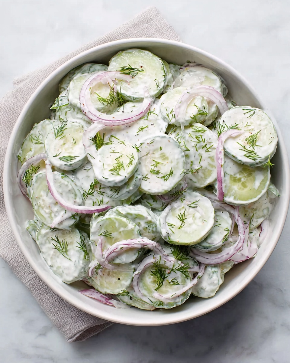 A white bowl filled with creamy cucumber salad sits on a white marbled surface. The salad has thin green cucumber slices mixed with pale purple onion rings, all coated in a smooth white dressing with small green dill leaves spread throughout. The colors are soft and fresh, with the cucumber’s light green and onion’s light purple contrasting gently with the white dressing. photo taken with an iphone --ar 4:5 --v 7