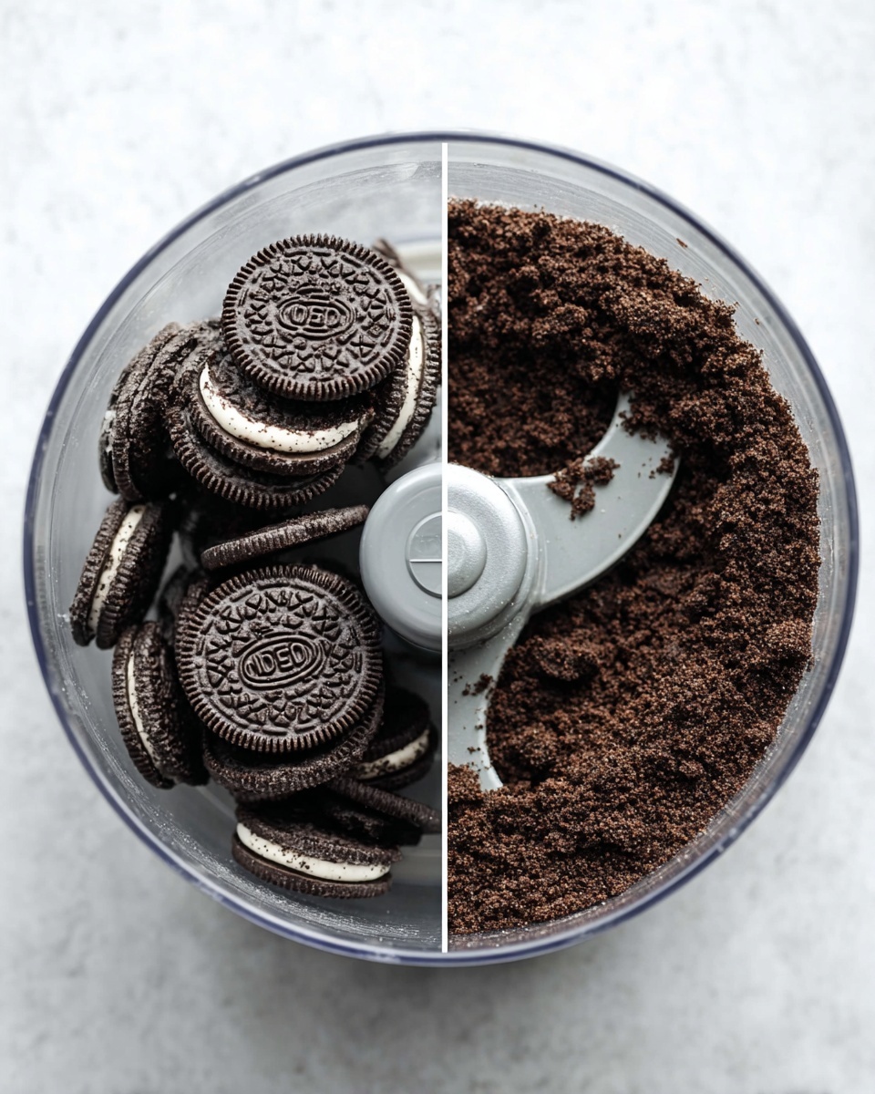 The image shows two stages of Oreo cookies in a clear food processor bowl placed on a white marbled surface. On the left side, there are about ten whole Oreo cookies stacked with their black textured outer layers and white creamy filling visible on top. On the right side, the cookies have been crushed into fine dark chocolate cookie crumbs that cover the grey metal blades of the food processor, creating a rough textured layer in the bowl. Photo taken with an iphone --ar 4:5 --v 7