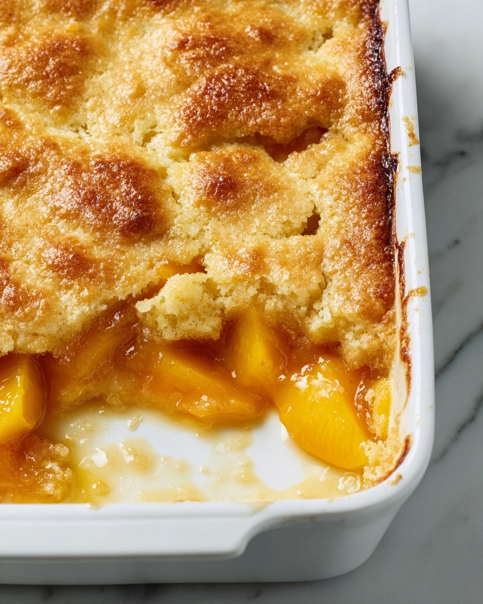 The image shows a baked peach cobbler in a white ceramic dish placed on a white marbled surface. The dish is half full, revealing three main layers: the bottom layer has soft, golden-orange cooked peach slices, which are visible through a golden-brown, uneven biscuit topping that covers the top. The biscuit layer is textured with small air pockets and a slightly crispy edge that is browned. Some syrupy peach juice is pooling around the edges of the dish. The right bottom corner of the dish is empty, showing the white surface underneath with slight browning from baking. photo taken with an iphone --ar 4:5 --v 7