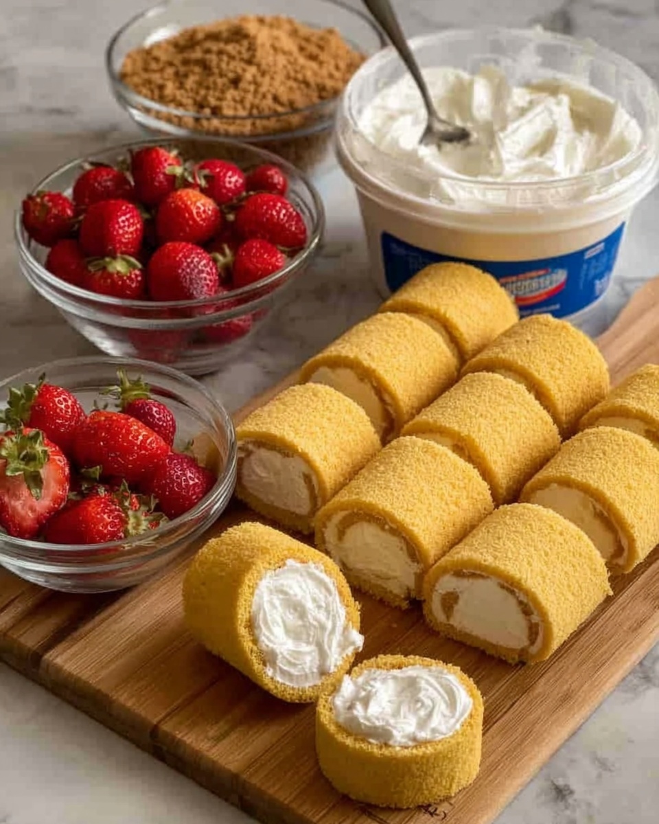 The image shows a wooden board with rows of yellow cake rolls, some whole and some sliced to reveal white cream inside. Behind the board, there are four clear glass bowls: one filled with fresh red strawberries, another with crumbled brown cookie crumbs, and two large containers filled with white whipped cream. A spoon rests inside the bowl of strawberries. The background is a white marbled surface. photo taken with an iphone --ar 4:5 --v 7