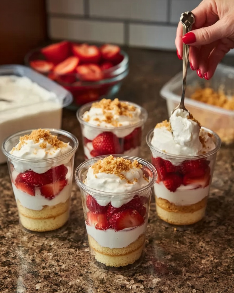 The image shows four clear cups filled with layered dessert sitting on a brown countertop with a white marbled texture background. Each cup has three visible layers: the bottom is light yellow sponge cake pieces, the middle layer is white cream, and the top layer is bright red sliced strawberries. Three of the cups have a dollop of white cream on top, with one cup's top layer sprinkled with light brown crushed crumbs. A woman's hand with red nail polish is holding a spoon, placing white cream on one of the cups. In the background, there are bowls filled with sliced strawberries, crushed crumbs, and a white tub of cream. Photo taken with an iphone --ar 4:5 --v 7