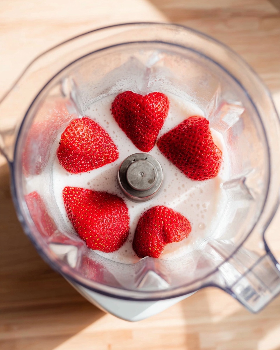 A clear blender container filled with a white liquid base at the bottom, topped with six bright red strawberry halves arranged evenly in a circle, showing their juicy texture and seeds. The blender's sharp metal blade sits in the center, just beneath the strawberries. The blender is placed on a light wooden surface with soft natural light coming from the top left corner, creating a warm and fresh atmosphere. The photo taken with an iphone --ar 4:5 --v 7