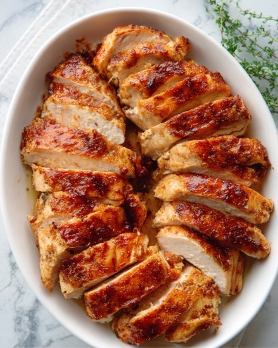 The image shows a white oval plate filled with sliced cooked chicken pieces that have a golden brown, crispy skin with a slightly shiny texture. The chicken is cut into medium-thick slices and arranged closely to cover the plate. The background is a white marbled surface with a small green herb partly visible at the top right corner. Photo taken with an iphone --ar 4:5 --v 7