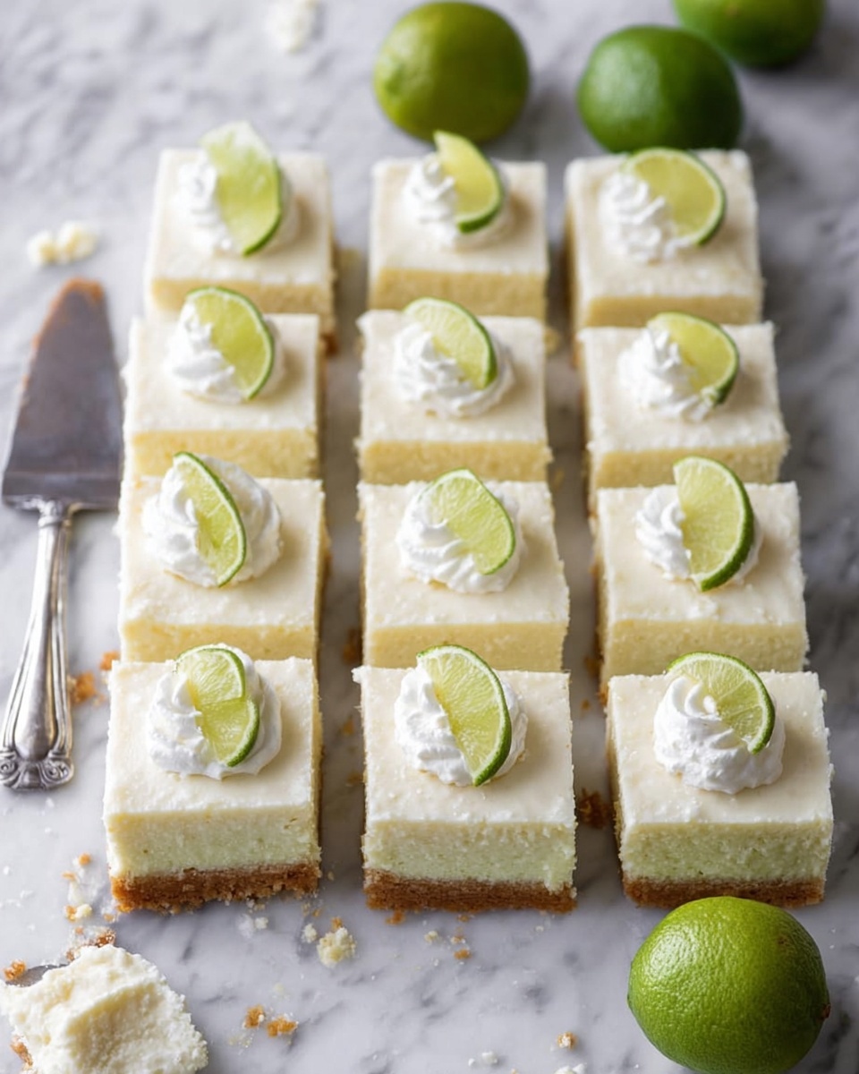 The image shows a tray of 12 square lime-flavored dessert bars arranged in a 3 by 4 grid on a white marbled surface. Each bar has two layers: a light golden crust at the bottom and a thick, creamy pale yellow layer on top. On top of each bar is a small swirl of white whipped cream with a small thin lime wedge placed on it. Around the tray are three whole limes and a silver butter knife on the left side with some crumbs scattered around. The texture of the dessert looks smooth and soft, and the lime wedges add a fresh green color contrast to the creamy layers. Photo taken with an iphone --ar 4:5 --v 7