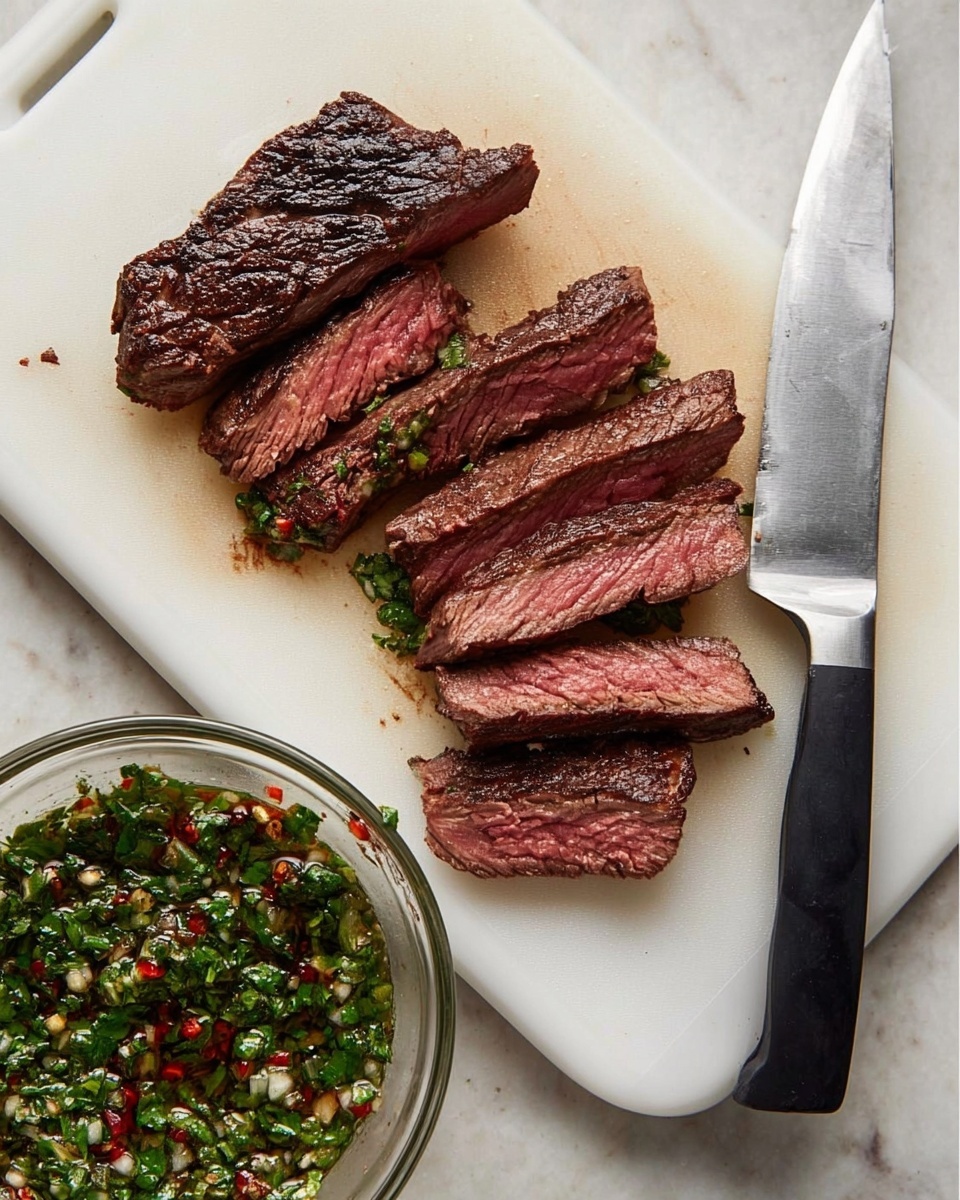 The image shows a white cutting board on a white marbled surface, with a piece of cooked steak sliced into six thick pieces. The steak has a dark brown, slightly charred outer surface and a pink, juicy inside. A black-handled knife with a silver blade rests diagonally on the cutting board next to the steak. To the bottom left corner, there is a glass bowl filled with a green sauce containing chopped herbs and red chili flakes, adding a colorful contrast to the scene. The photo taken with an iphone --ar 4:5 --v 7