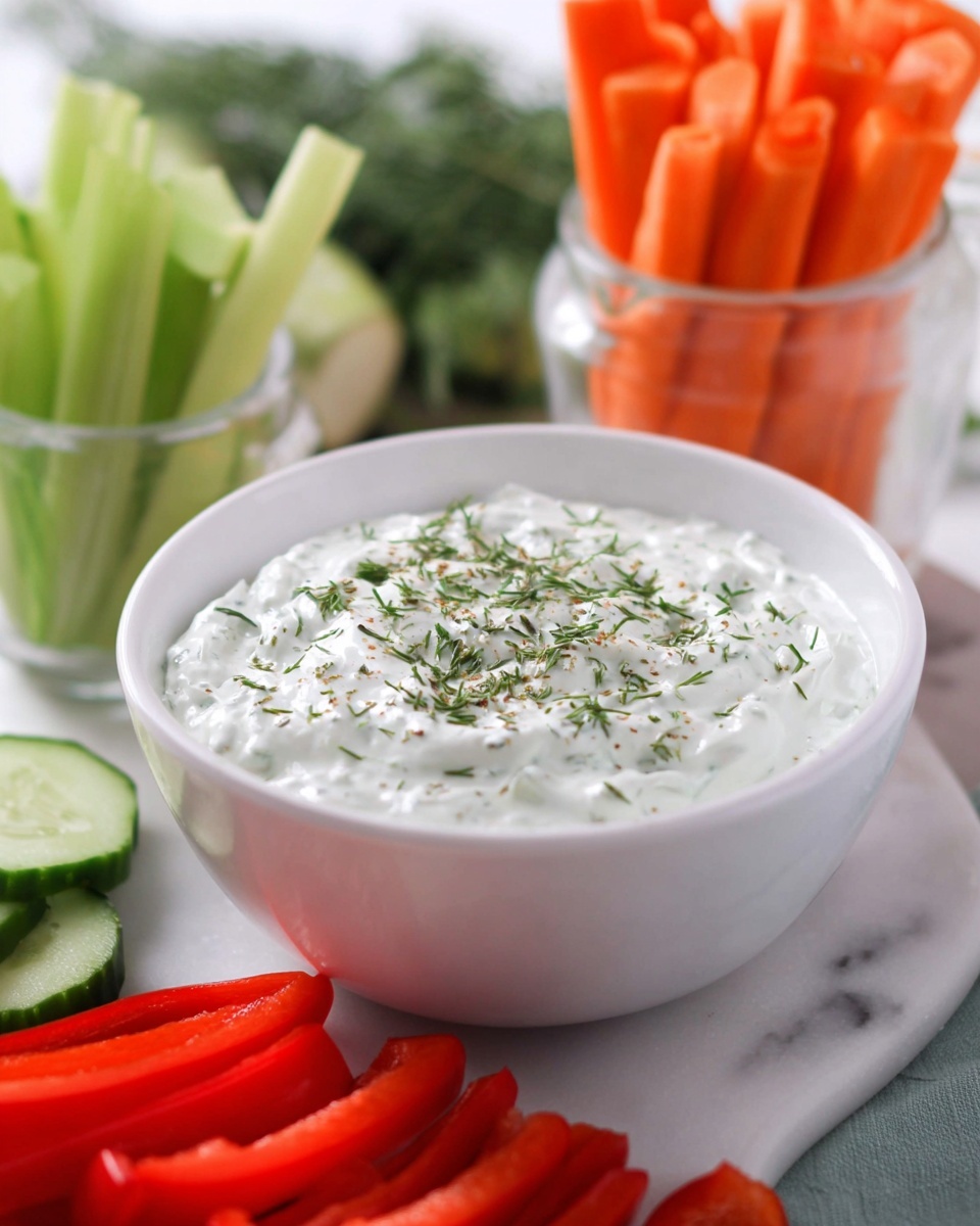 A white bowl filled with creamy white dip sprinkled with green herbs on top, placed on a white marbled surface. Around the bowl, there are clear glass jars holding fresh vegetable sticks: bright orange carrot sticks in the back, green celery sticks on the left, and vivid red bell pepper pieces in the front. In the background, part of a cucumber and sliced cucumber rounds are visible, adding a fresh green touch. The scene is bright with a clean look, showing fresh vegetables arranged softly around the dip. Photo taken with an iphone --ar 4:5 --v 7