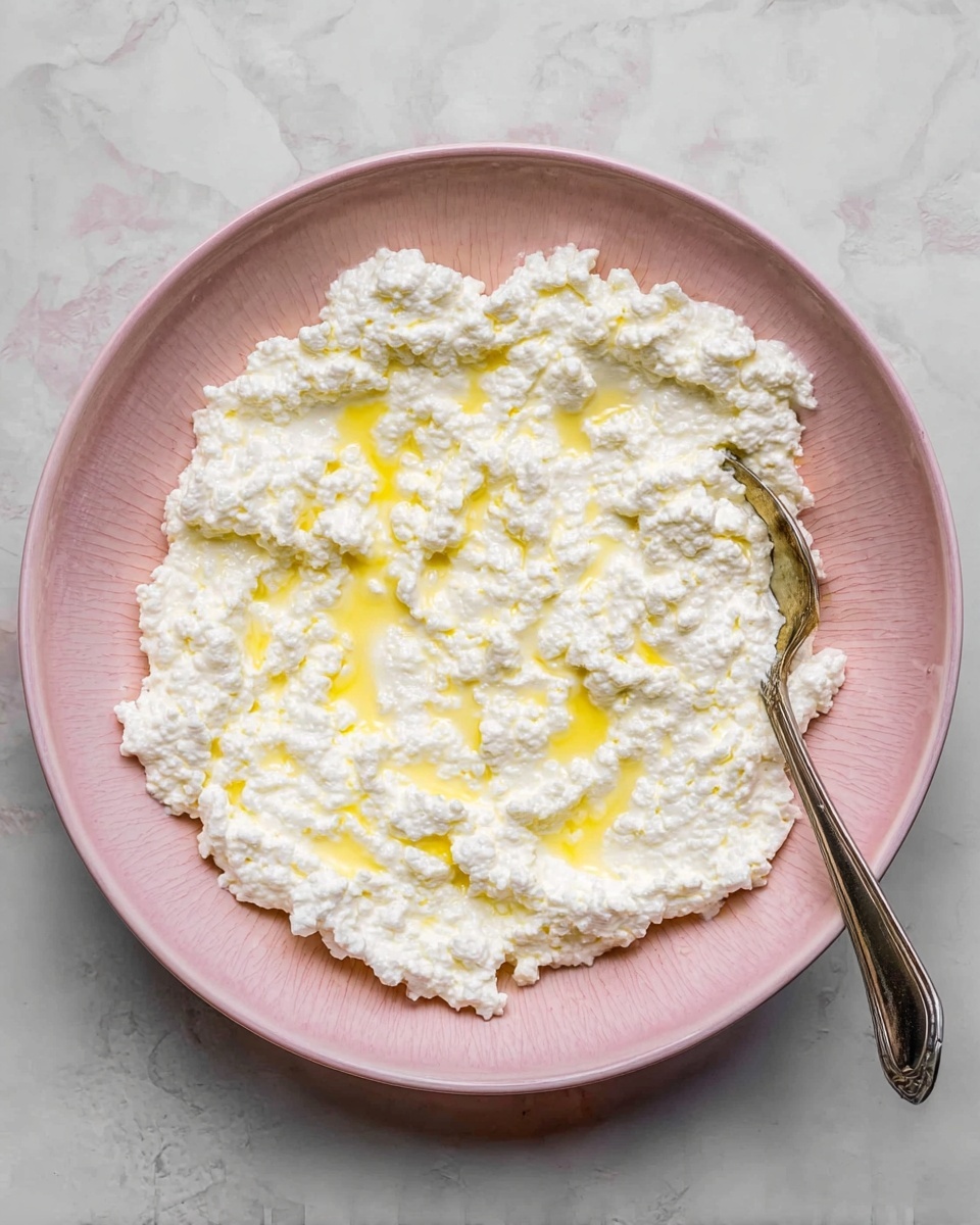A pink bowl filled with one thick layer of white cottage cheese spread unevenly across the bowl. There are small pools and streaks of light yellow liquid drizzled on top, adding shine and contrast to the white texture. A spoon rests on the right side of the bowl, partially submerged in the cottage cheese. The bowl is placed on a white marbled surface with soft lighting that gently highlights the texture and colors of the cottage cheese and liquid. photo taken with an iphone --ar 4:5 --v 7