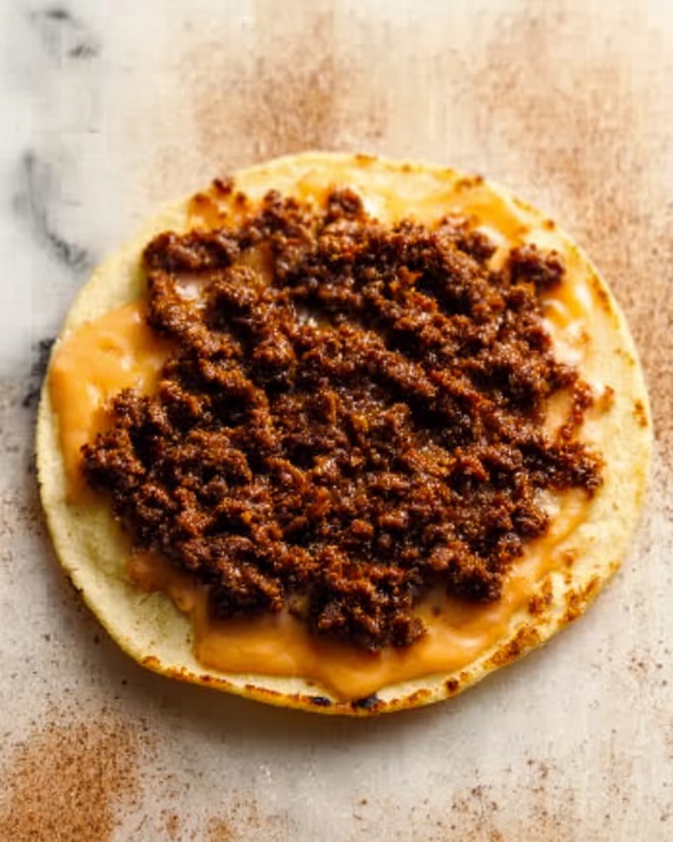 The image shows a single round tortilla on a white marbled surface, topped with a spread of melted cheese that has a smooth, creamy texture and a light orange color. On top of the cheese, there is a generous layer of cooked, finely crumbled browned meat, covering almost the entire tortilla. The meat looks juicy and slightly crumbly with a rich dark brown color. Photo taken with an iphone --ar 4:5 --v 7