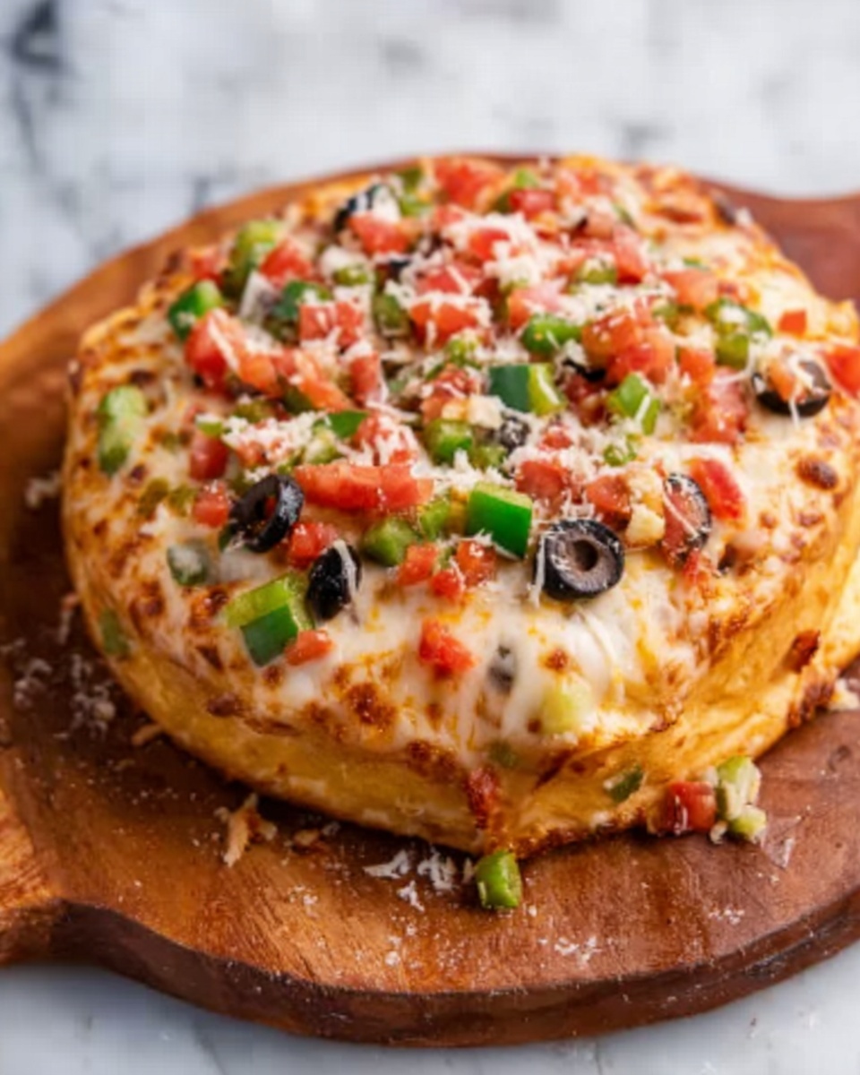 The image shows a thick, round pizza with a golden brown crust placed on a wooden board over a white marbled surface. The pizza has multiple layers: a base layer of melted cheese with a slightly crispy texture, topped with small pieces of diced green bell pepper and chopped tomatoes, scattered black olive slices, and a sprinkling of grated white cheese. The toppings are spread evenly across the pizza, and the cheese looks stringy and melted, blending all the elements together. The edges of the crust are puffy and light brown, creating a contrast with the colorful toppings in the center. photo taken with an iphone --ar 4:5 --v 7