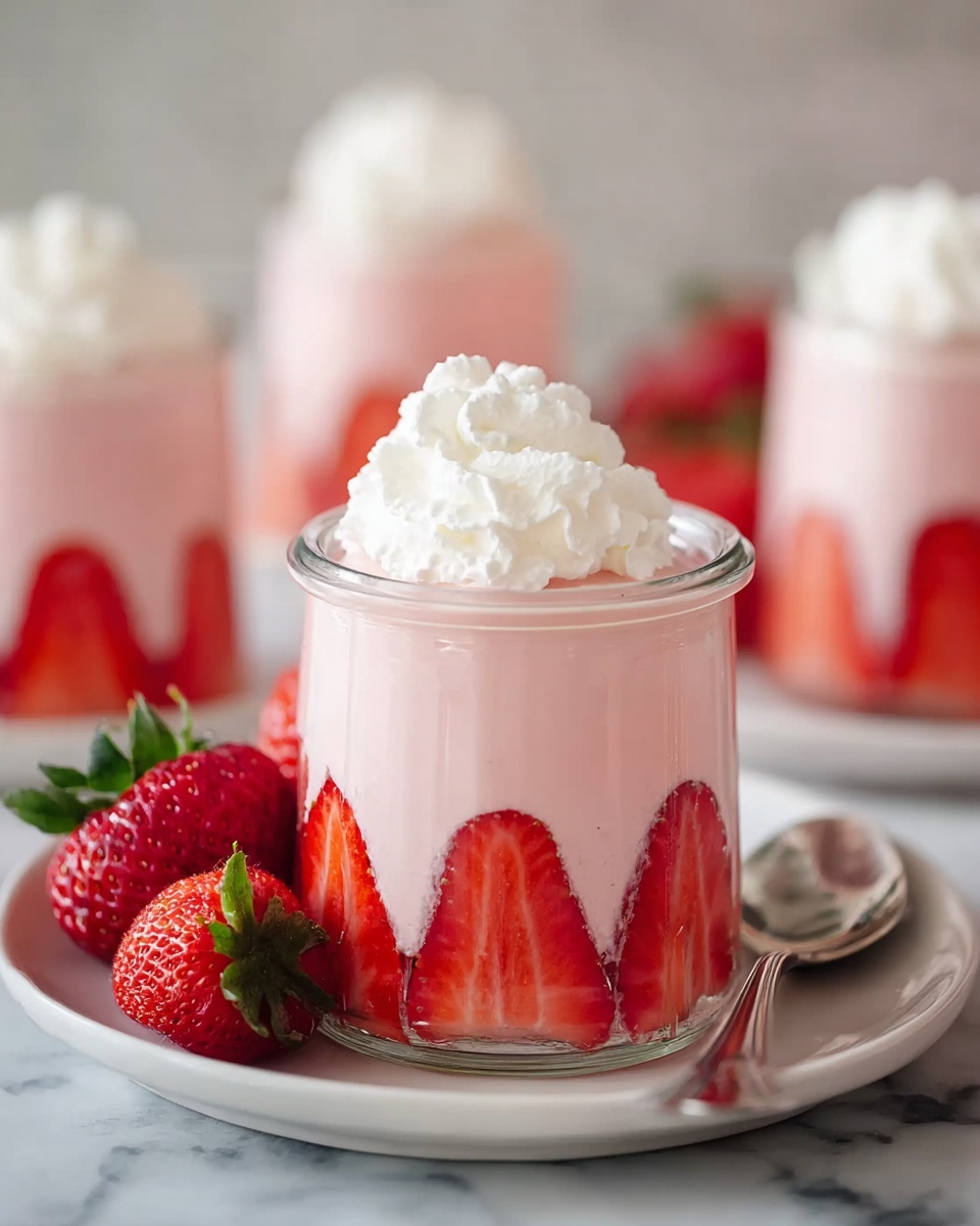 The image shows a small clear glass jar filled with three layers: the bottom layer is neatly arranged bright red strawberry slices standing upright against the glass, the middle layer is a smooth, creamy light pink strawberry mousse filling the jar above the strawberries, and the top layer is a fluffy white dollop of whipped cream. The jar sits on a white plate with fresh whole strawberries placed around it, and a silver spoon lies on the edge of the plate. In the background, there are more jars with the same layers slightly out of focus on a white marbled surface. Photo taken with an iphone --ar 4:5 --v 7