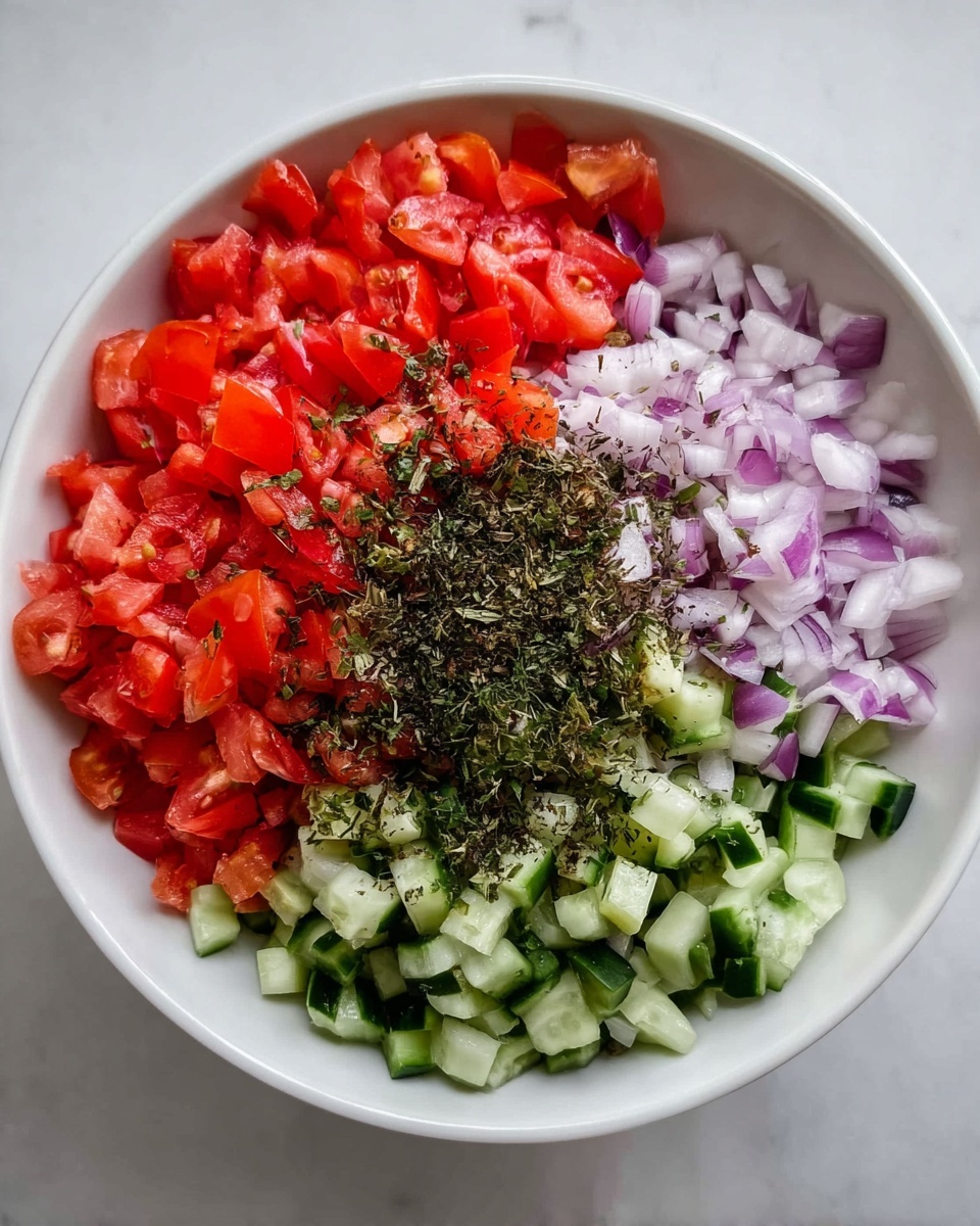 A shallow white bowl holds four sections of finely chopped vegetables arranged side by side like colorful pie slices. The top left half is filled with bright red, juicy diced tomatoes. The top right quarter contains small pieces of pale purple-red onion. The bottom half is filled with light and dark green diced cucumbers, showing a mix of skin and inner flesh. Dark green herbs or spices are sprinkled roughly over the middle, touching all three vegetable sections. The bowl sits on a smooth white marbled surface. photo taken with an iphone --ar 4:5 --v 7