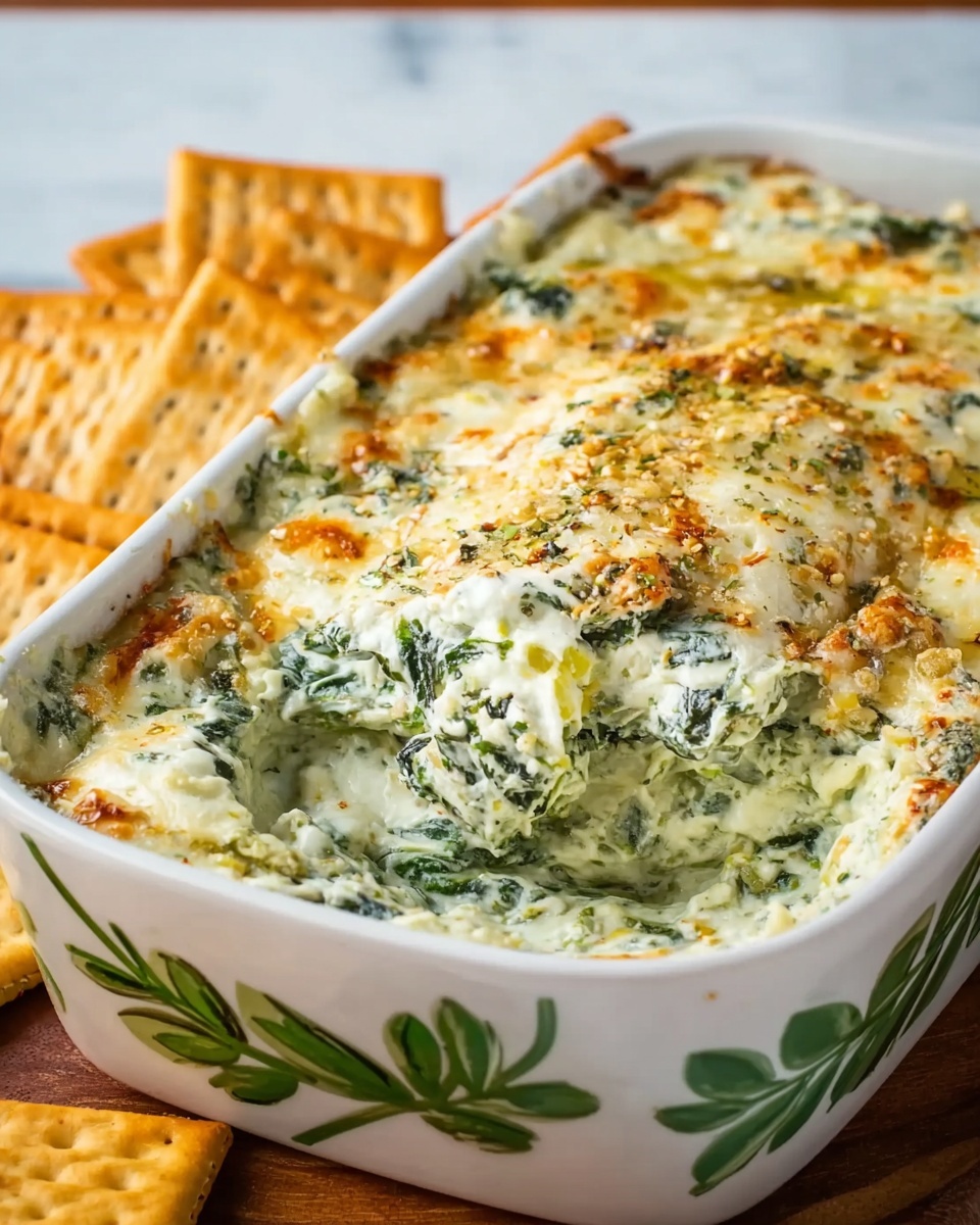 A white ceramic rectangular dish with green leaf patterns holds a creamy spinach and cheese dip topped with a golden, slightly browned melted cheese layer. The dip inside shows a thick, creamy texture mixed with green spinach pieces and bits of what looks like finely chopped seasoning. To the left, several square toasted crackers with a golden-brown color are partially visible. The dish is placed on a white marbled surface. photo taken with an iphone --ar 4:5 --v 7