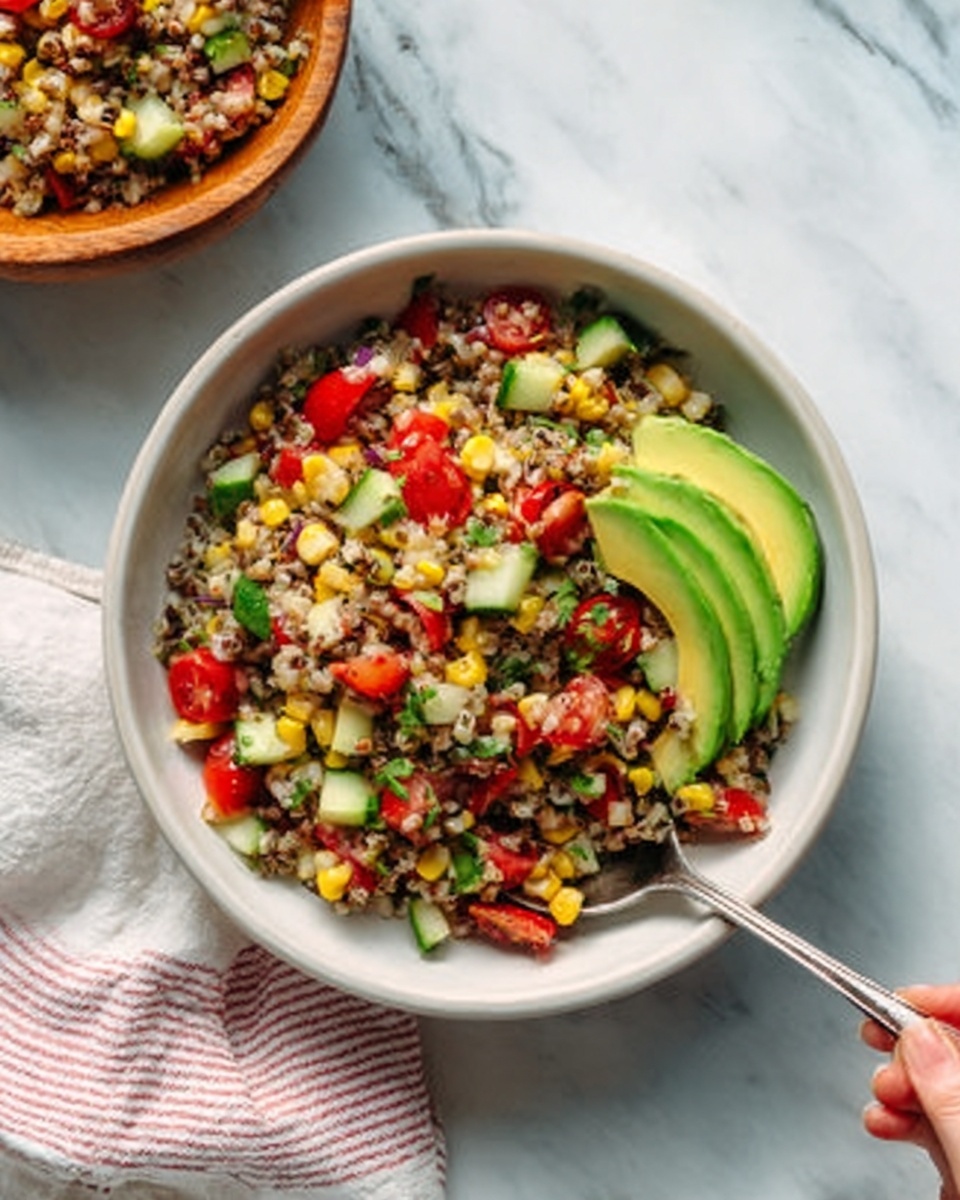 A white bowl filled with a colorful grain salad layered with red cherry tomatoes, yellow corn kernels, green cucumber pieces, and small bits of brown and beige grains, topped with three slices of bright green avocado arranged on one side. A silver spoon is inside the bowl, with a woman's hand holding it. The bowl is placed on a white marbled surface, and next to it is a white and pink striped cloth. In the background, there is a wooden bowl with more of the grain salad. Photo taken with an iphone --ar 4:5 --v 7