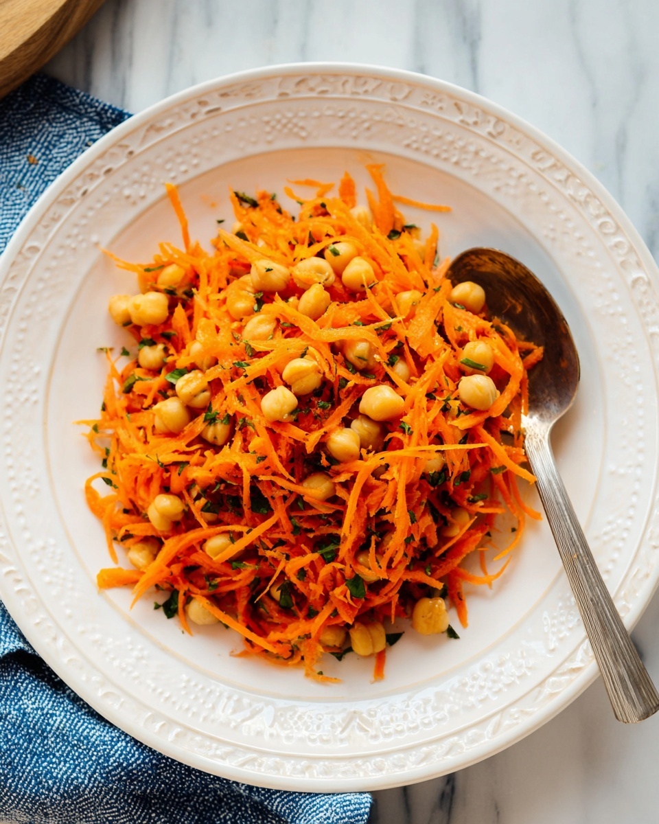 A white round plate with a decorative rim holds a single layer of bright orange shredded carrots mixed with light beige chickpeas and finely chopped green herbs, all appearing fresh and lightly tossed. A silver spoon rests on the right edge of the plate, slightly under the carrot salad. The plate sits on a white marbled surface, with a blue and white cloth partially visible on the lower left side of the image. Photo taken with an iphone --ar 4:5 --v 7