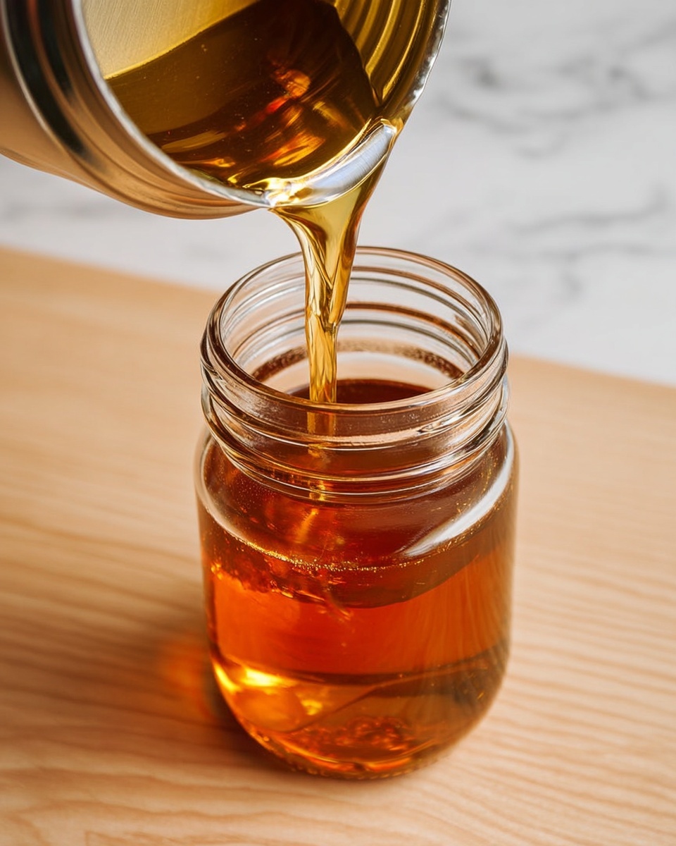 A close-up shows a stream of golden amber liquid being poured from a metallic container into a clear glass jar that is half full of the same liquid. The background is a light wood surface with subtle grain patterns and a white marbled texture behind it. The liquid has a smooth and shiny appearance, catching the light softly. photo taken with an iphone --ar 4:5 --v 7
