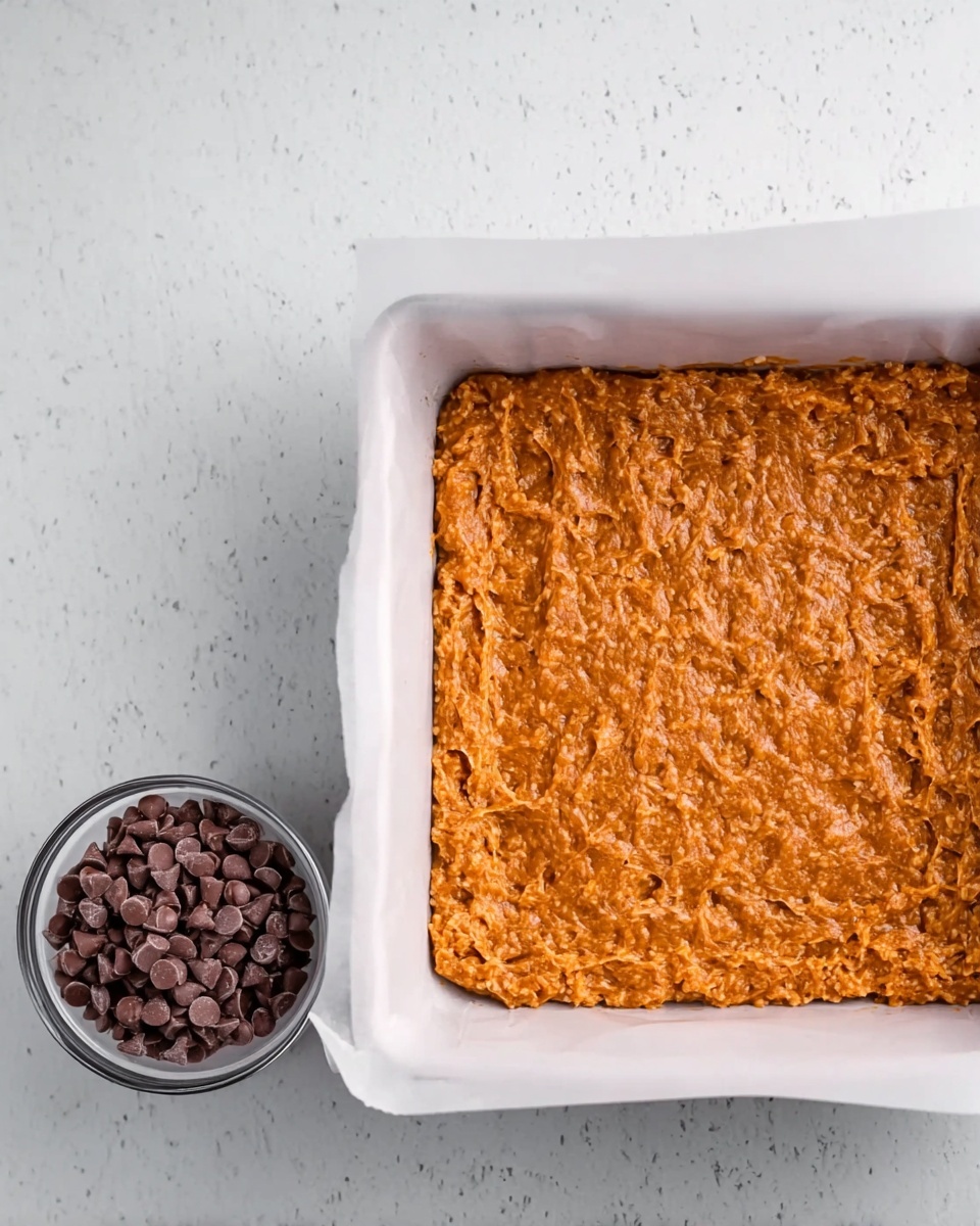 A white square baking pan lined with white parchment paper holds a thick, rough-textured orange-brown mixture, spread evenly to fill the pan. Next to the pan on the white marbled surface, there is a small clear glass bowl filled with dark brown chocolate chips. The scene is simple and clean, showing just the baking pan with the mixture and the bowl of chocolate chips side by side. photo taken with an iphone --ar 4:5 --v 7
