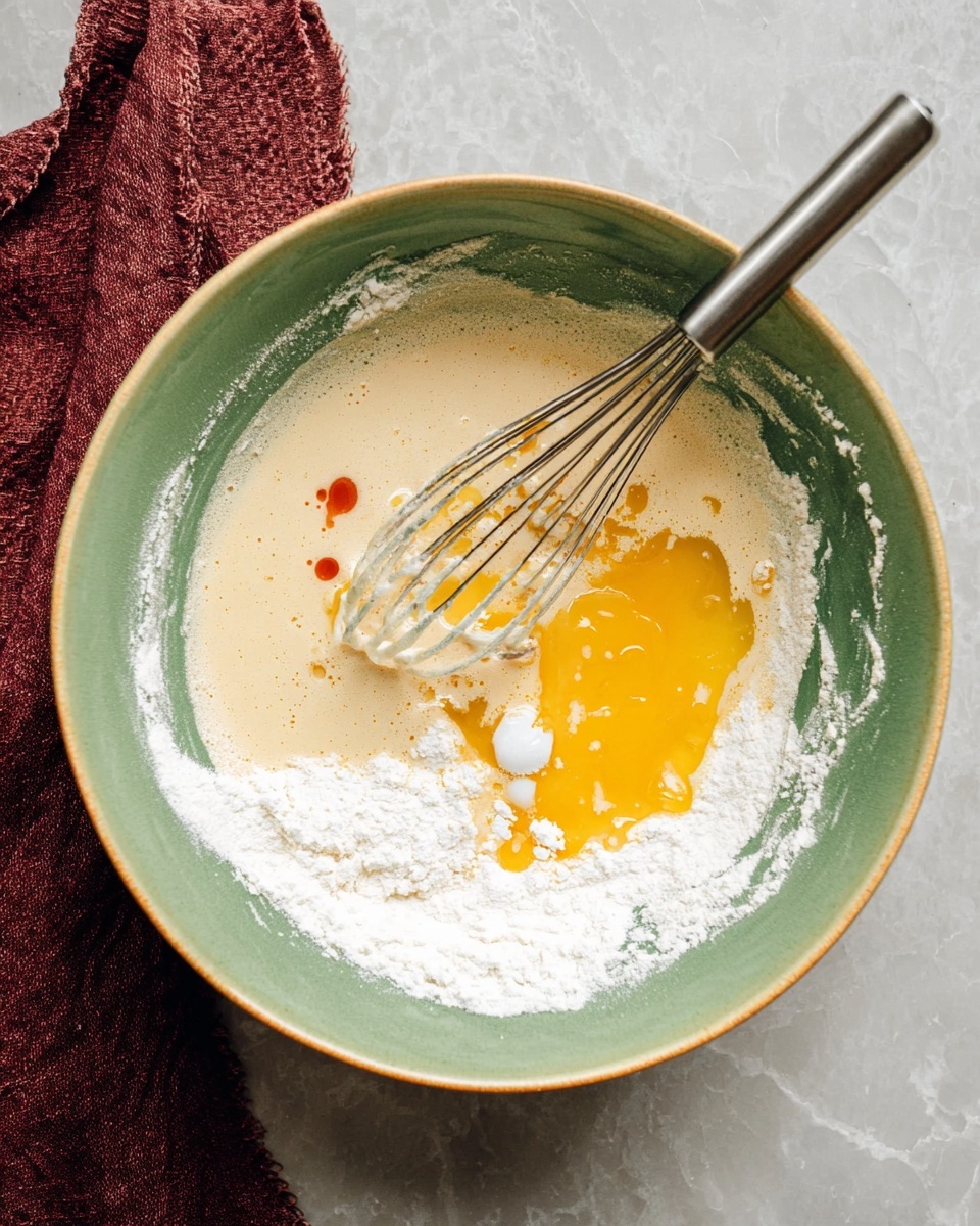 A green bowl with a pale yellow edge contains several layers of baking ingredients: a thick, creamy beige batter base, scattered white flour around the edges, a bright yellow melted butter pool on one side, and two small drops of reddish liquid near the top. A metal whisk rests inside the bowl, touching the batter and ingredients. The bowl sits on a white marbled surface, with a folded dark red cloth to the left. Photo taken with an iphone --ar 4:5 --v 7