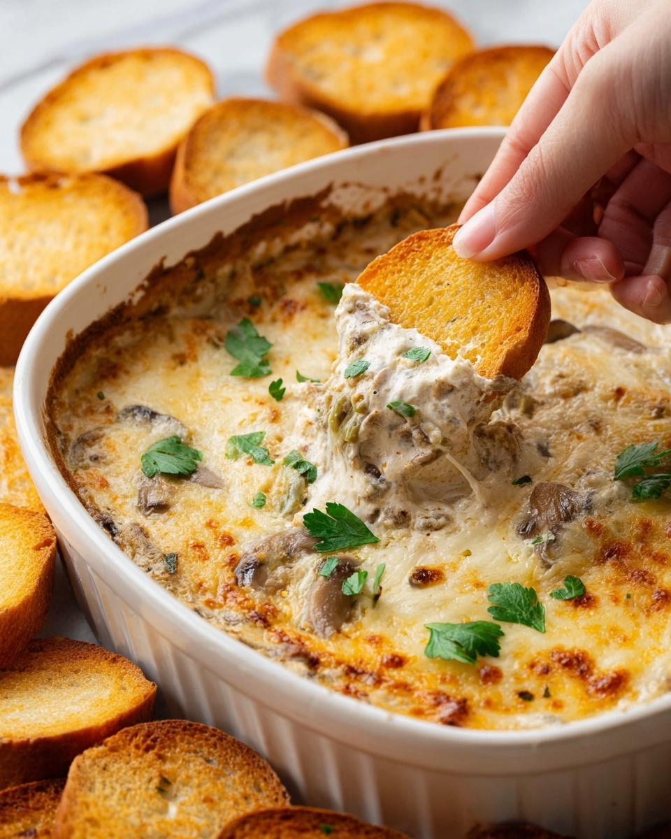 A white casserole dish filled with a two-layer dip, the bottom layer is creamy with mushrooms mixed in, showing a light beige color with small mushroom pieces, topped with a smooth melted cheese layer that is golden-brown on top with a few green parsley leaves scattered. A woman's hand is dipping a golden toasted bread round with a crispy texture into the creamy mushroom cheese dip. Around the dish, there are several toasted bread rounds with a warm golden brown color placed on a white marbled surface. Photo taken with an iphone --ar 4:5 --v 7