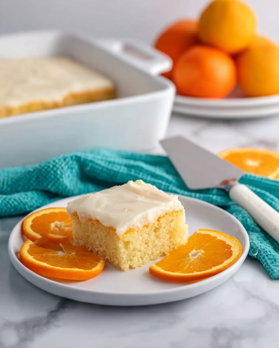 A white plate sits on a white marbled surface holding a square piece of moist yellow cake with a creamy white frosting layer on top. Next to the cake on the plate are two round, bright orange slices with visible juicy segments. Behind the plate, a white baking dish contains more frosted cake, partially out of focus. To the right of the plate, a spatula with a white handle rests on the surface. A teal cloth is casually placed near the plate, and in the background, whole oranges on a white plate add a pop of color. photo taken with an iphone --ar 4:5 --v 7